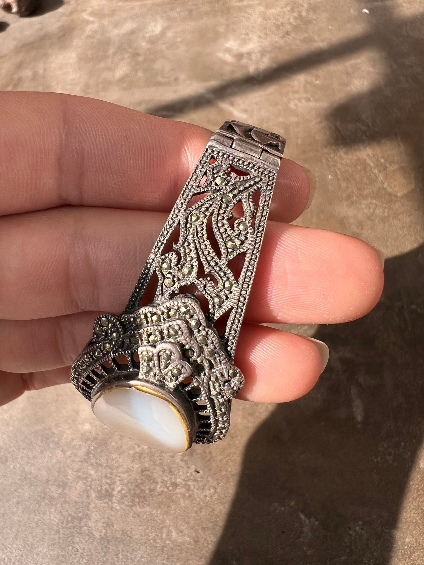 Art Deco Sterling Marcasite and Mother of Pearl Hinged Bracelet