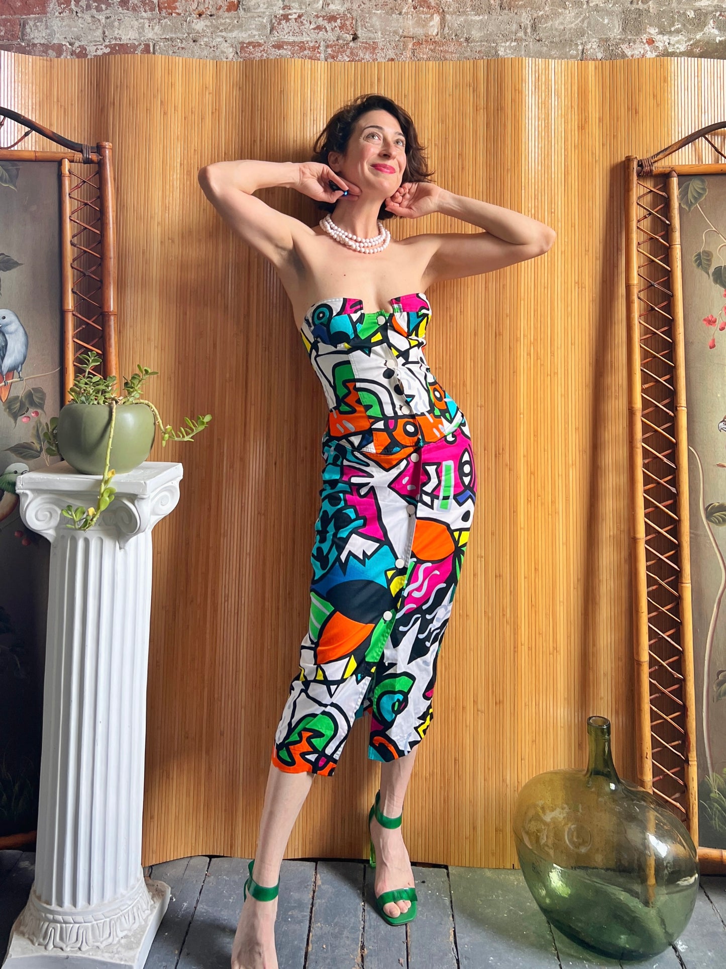 1980s Enrico Coveri Pop Art Print Corset Dress XS/S