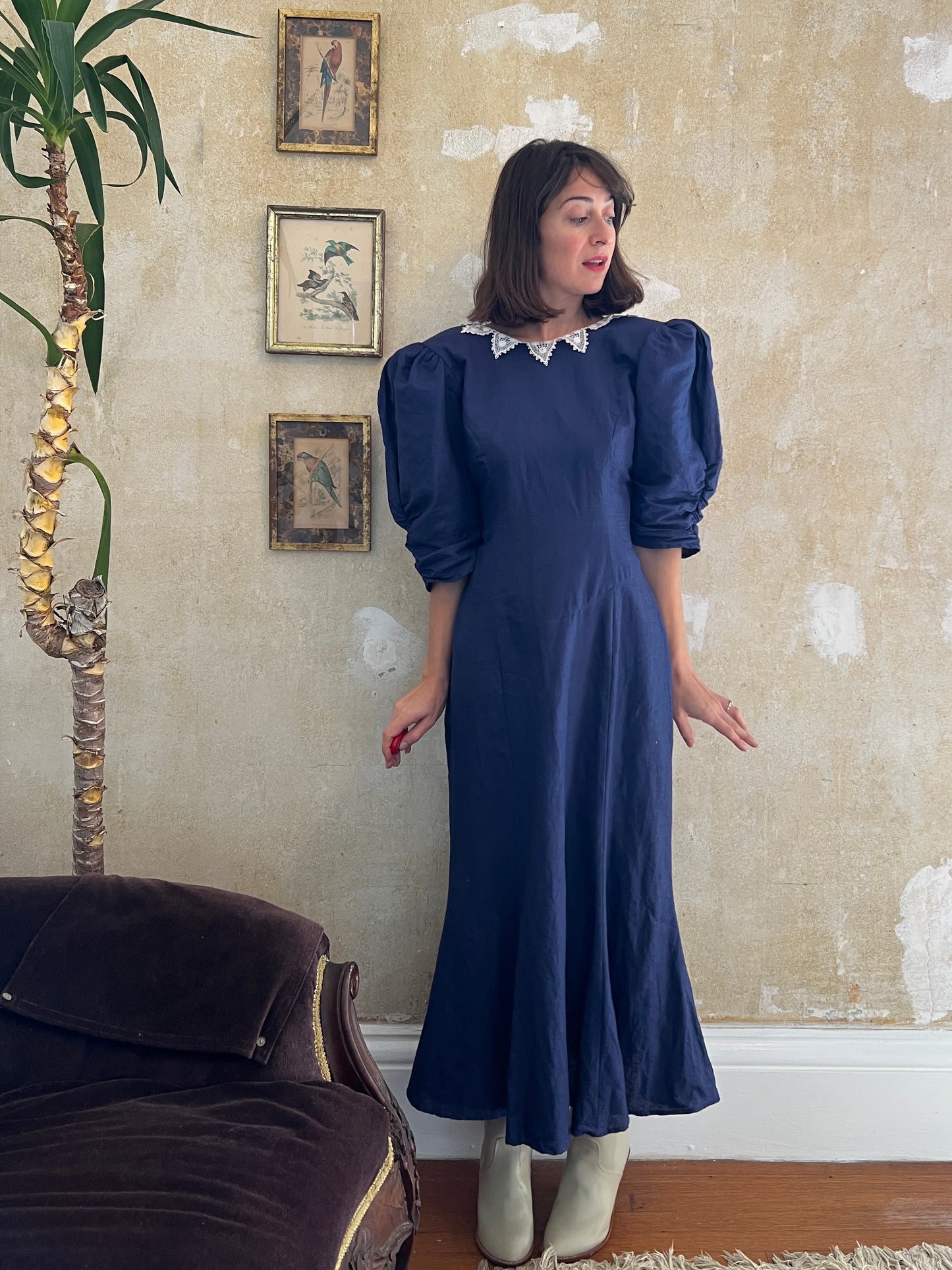 1980s Linen Cottage Maxi Dress M