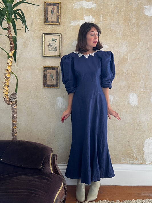 1980s Linen Cottage Maxi Dress M