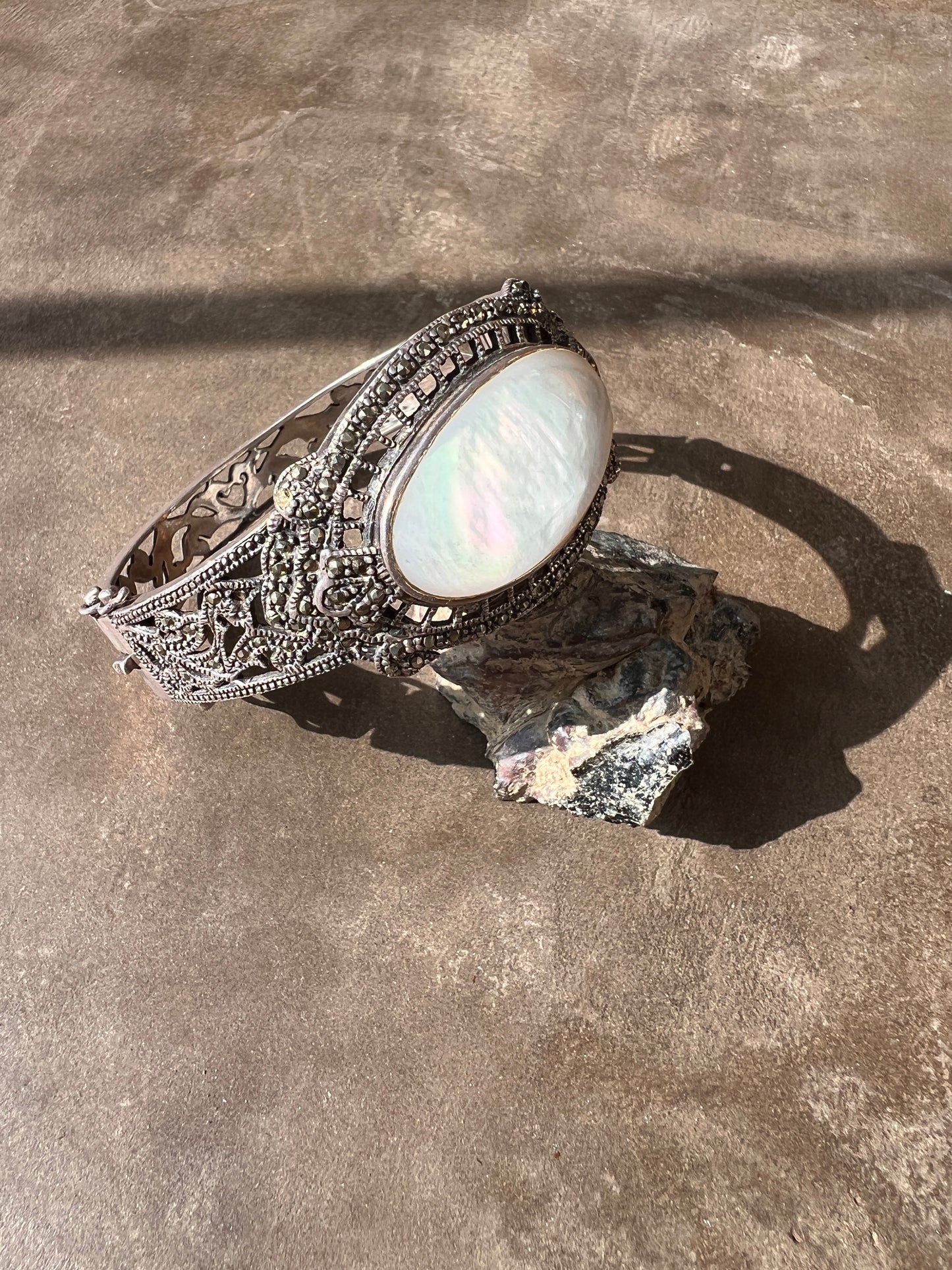 Art Deco Sterling Marcasite and Mother of Pearl Hinged Bracelet