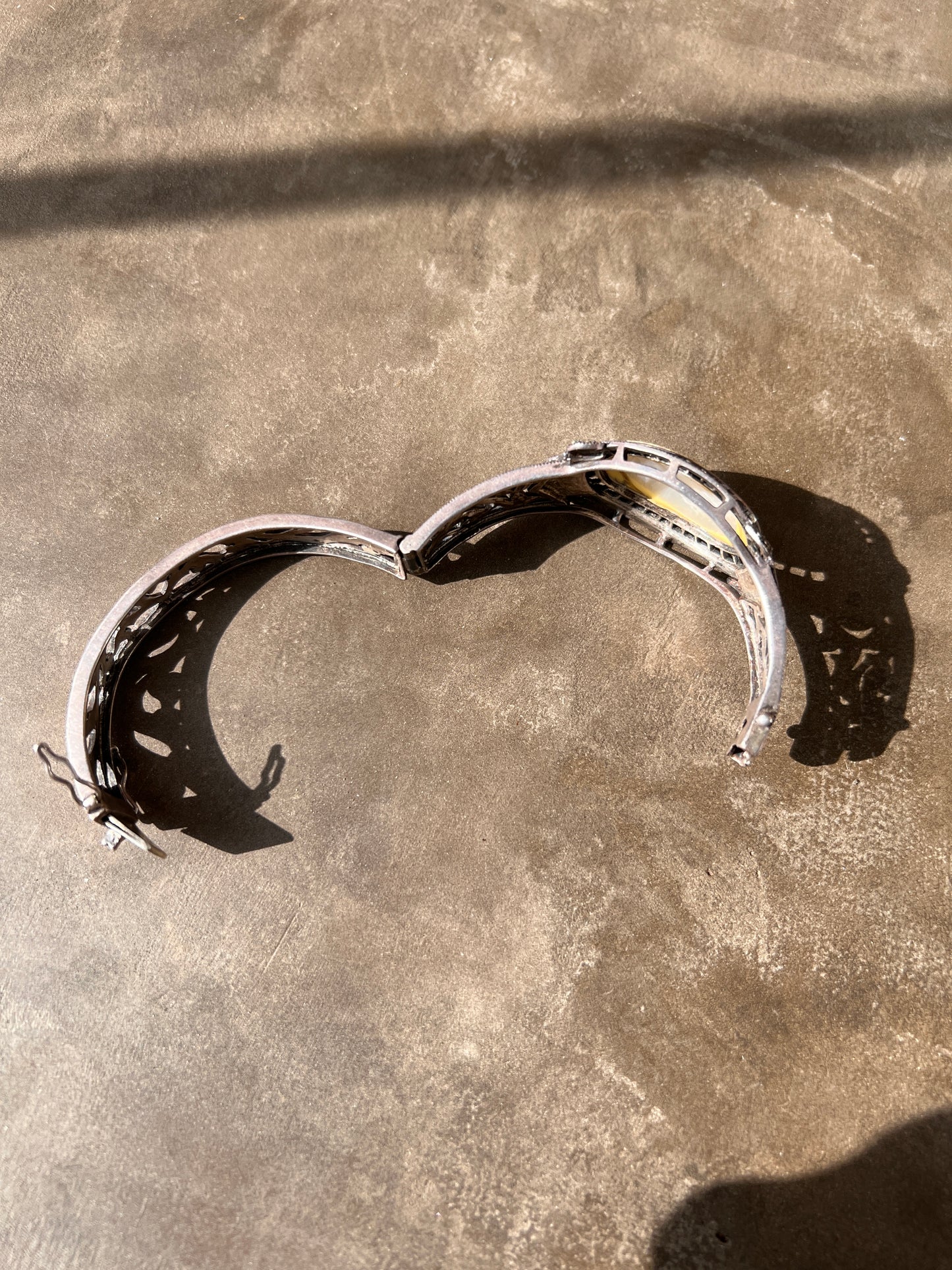 Art Deco Sterling Marcasite and Mother of Pearl Hinged Bracelet