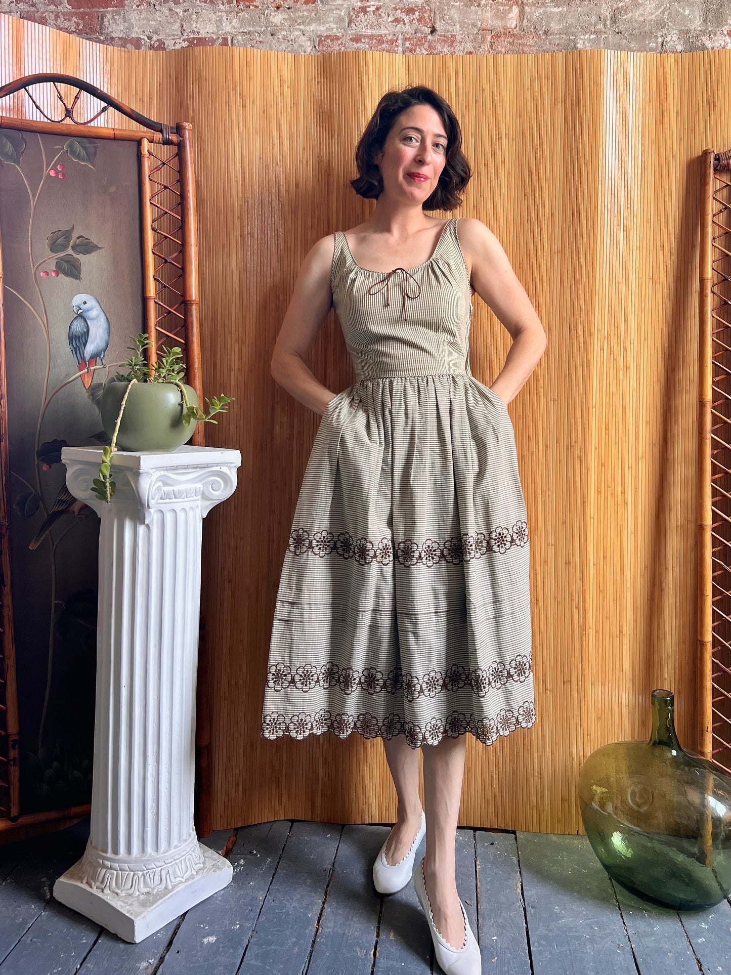 Late 1940s Tina Leser Brown Gingham Summer Dress