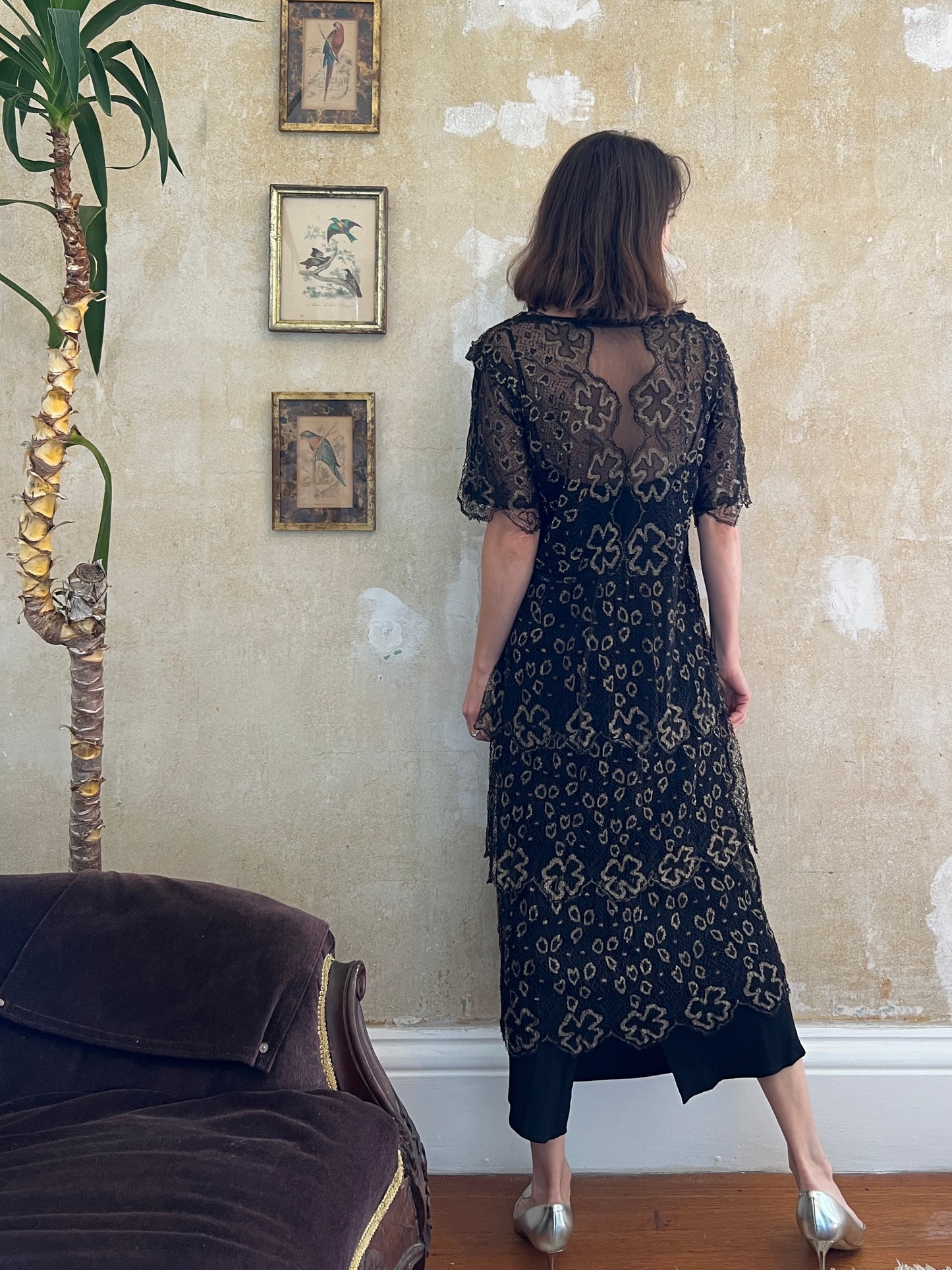 1920s Art Deco Metallic Thread Tiered Dress S/M
