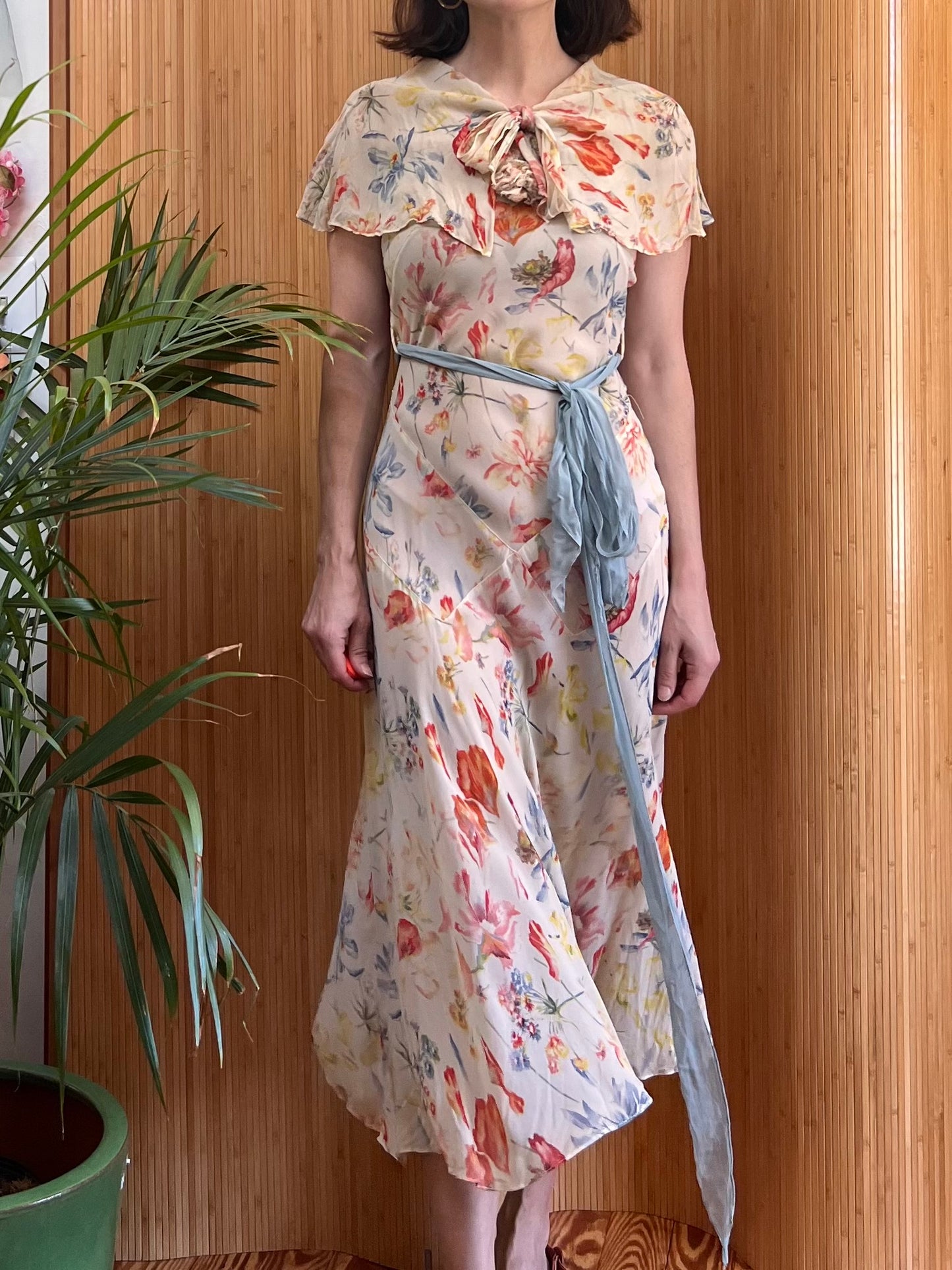 1920s/30s Art Deco Silk Chiffon Floral Bias Cut Gown with Capelet