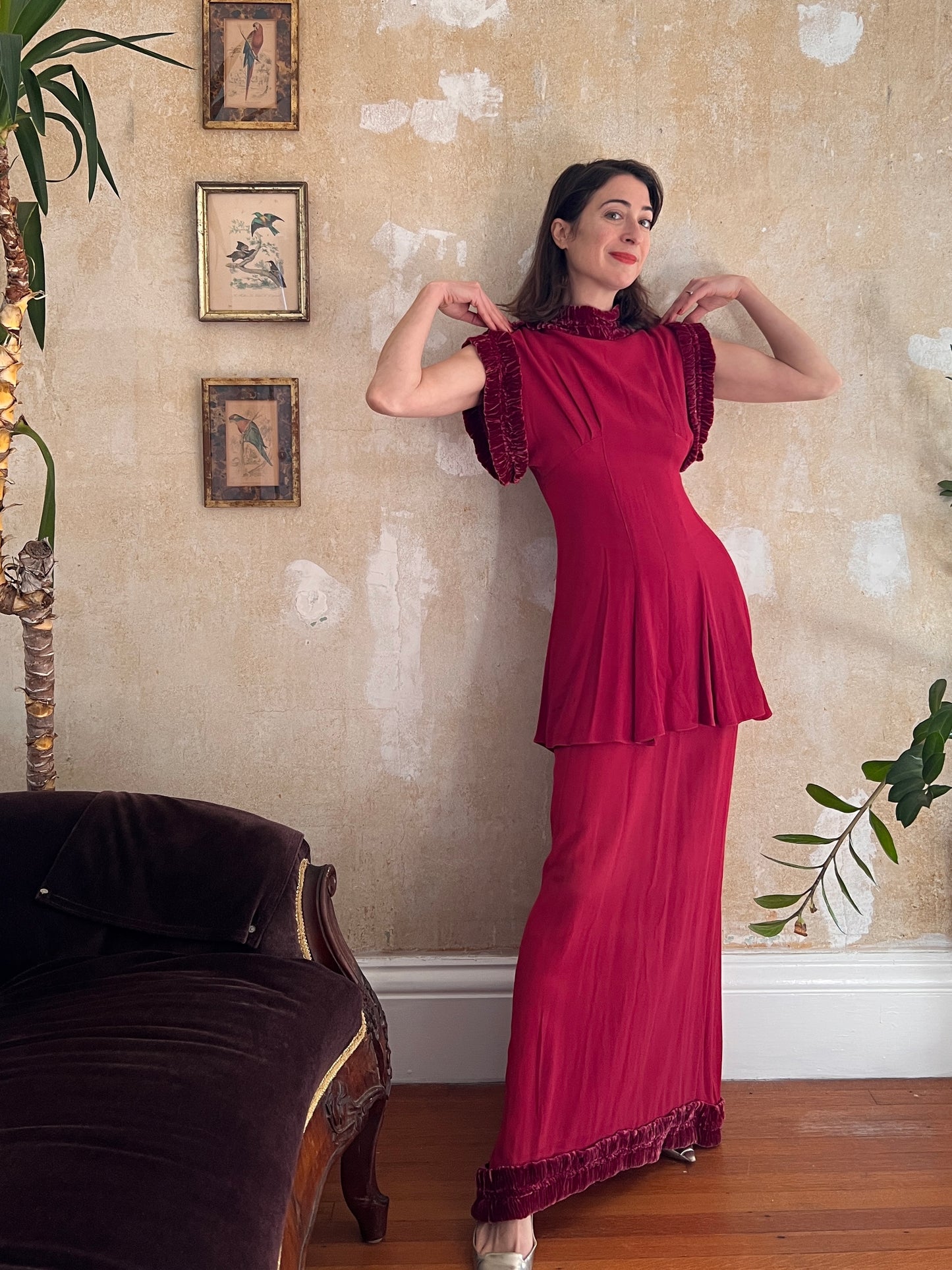 1930s Cranberry Crepe Gown and Tunic Set with Velvet Trim S/M