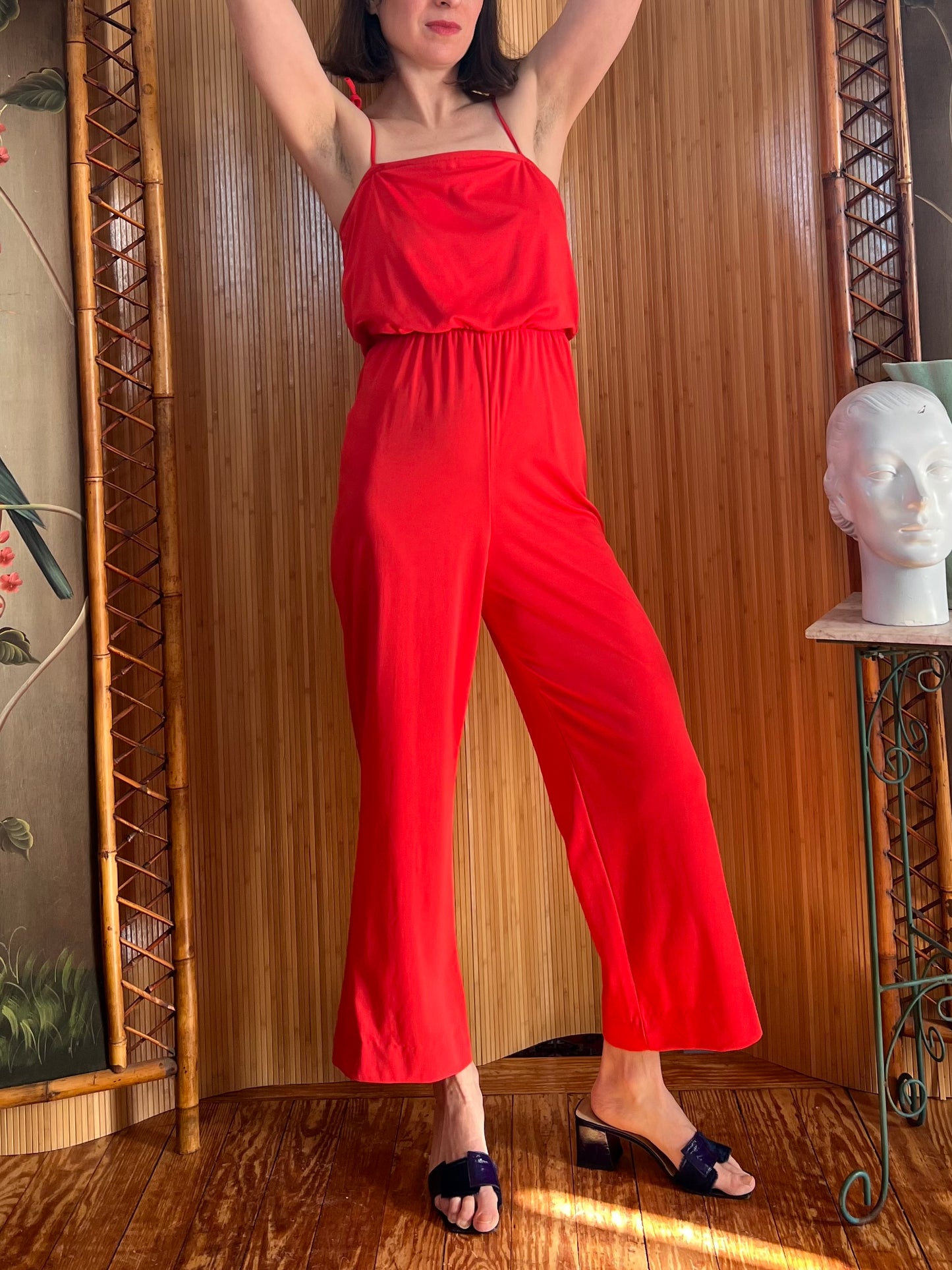 1970s Cherry Red Poly Pantsuit XS-M
