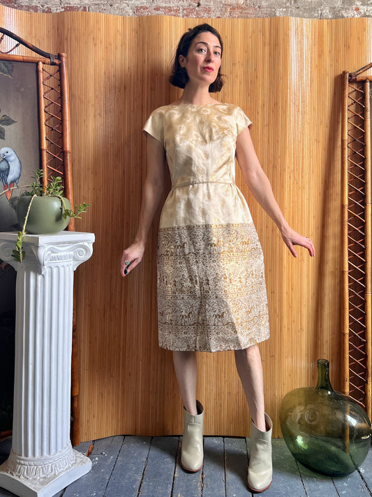 1950s Frank Starr Silk & Gold Thread Shift Dress M/L