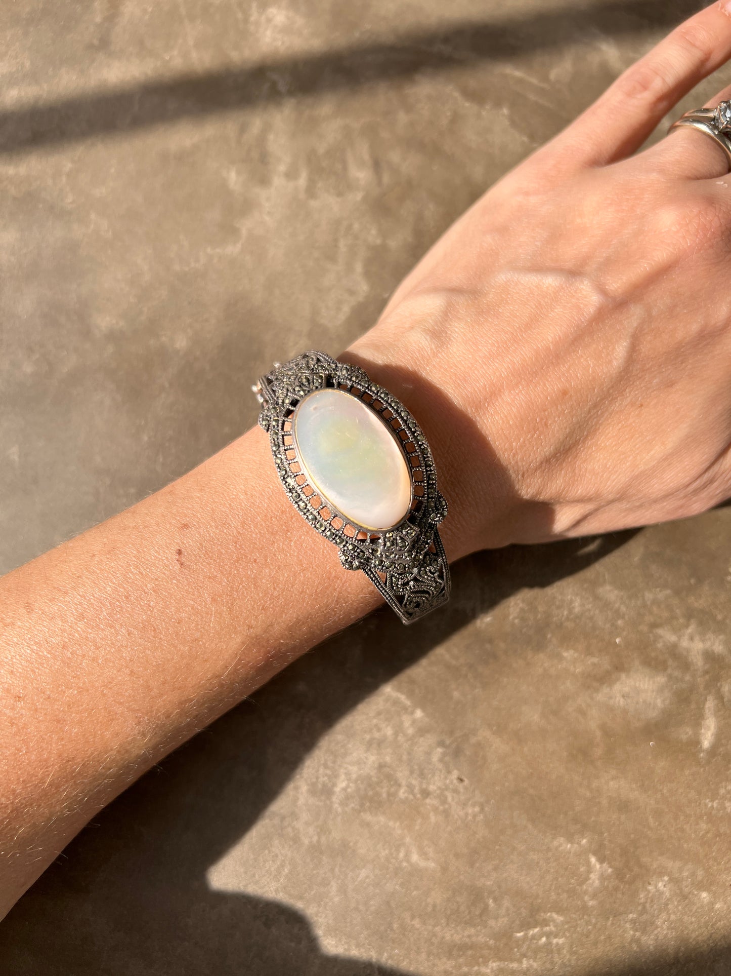 Art Deco Sterling Marcasite and Mother of Pearl Hinged Bracelet