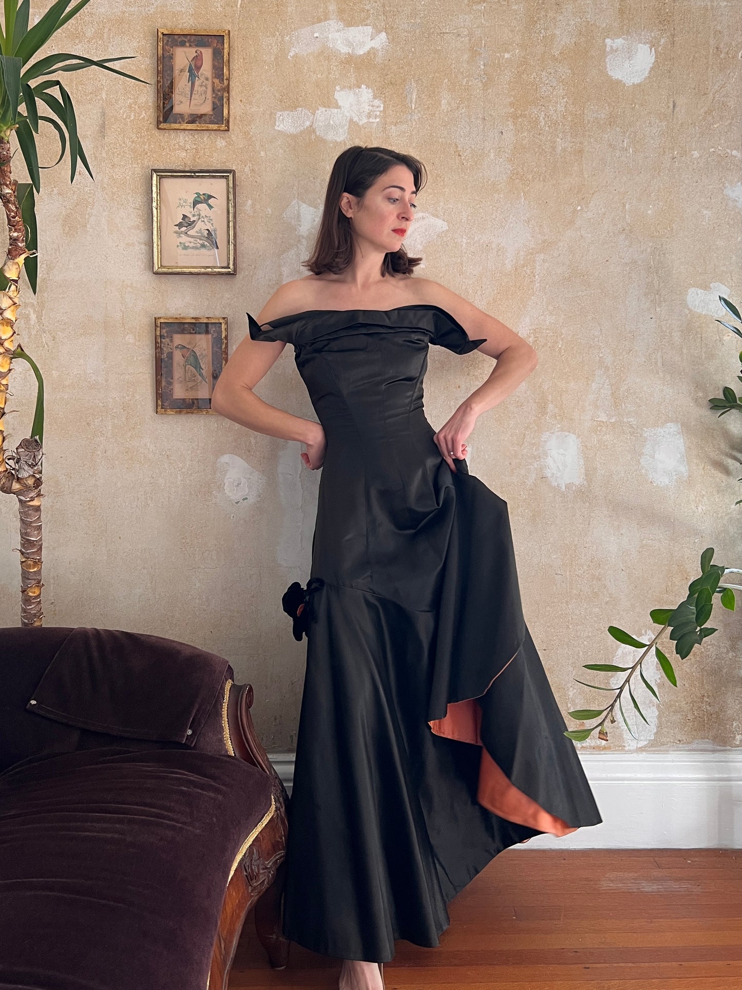 1940s Old Hollywood Satin Gown w/ Salmon Pink Lining S