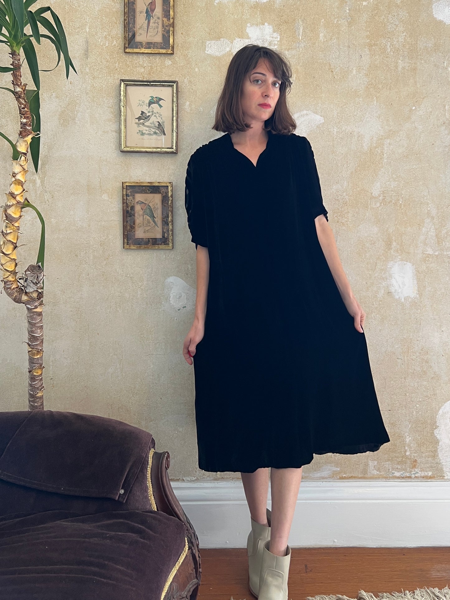 1940s Silk Velvet Bullseye Dress L