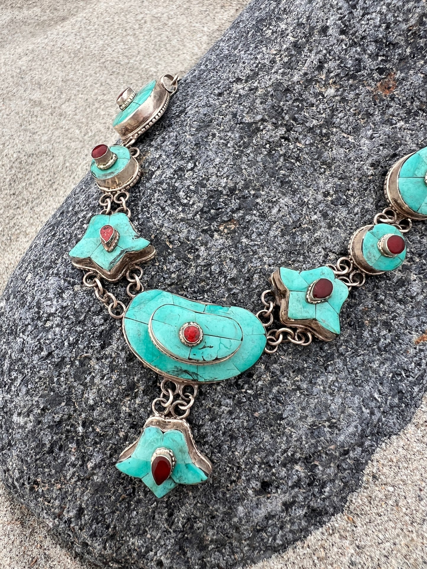VTG Turquoise and Carnelian Tibetan Sterling Necklace