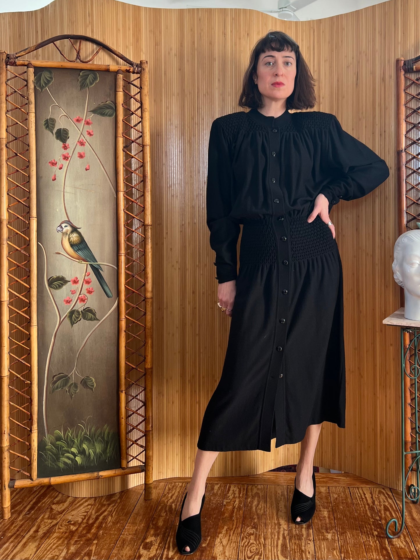 1980s Valentino Wool Knit Dress with Smocking S/M