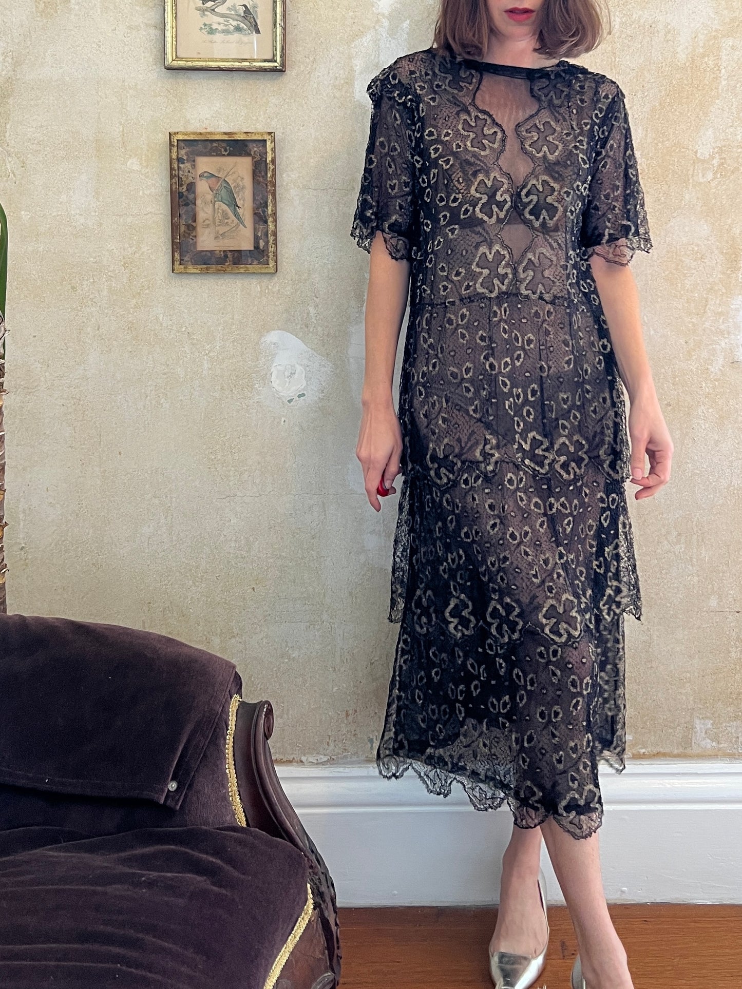 1920s Art Deco Metallic Thread Tiered Dress S/M