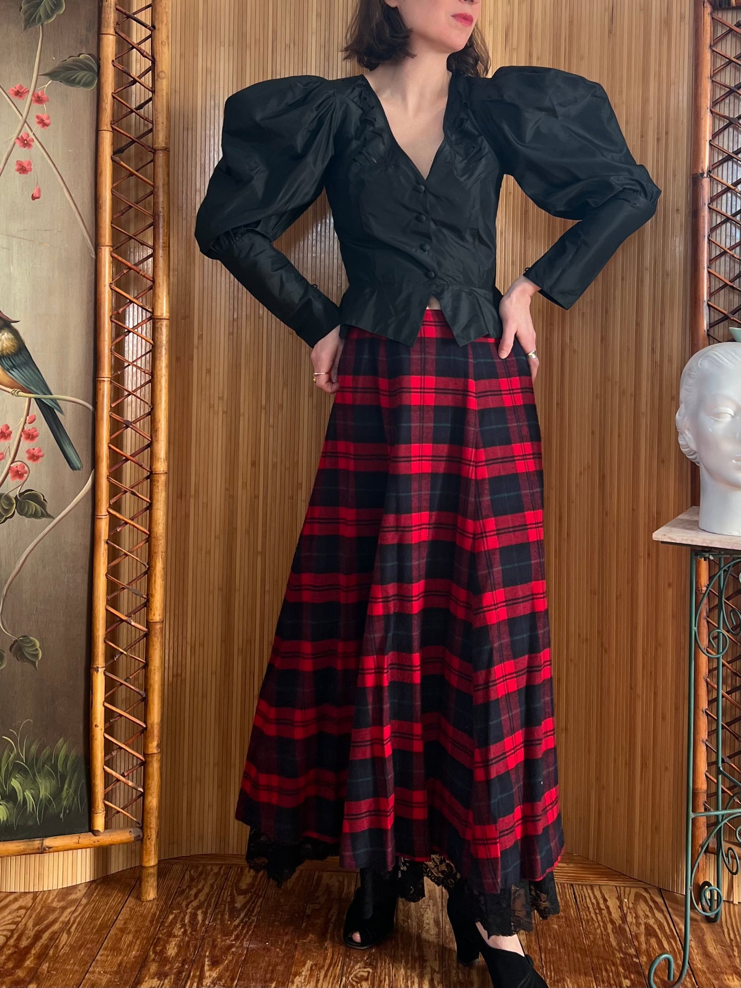 90s J.Peterman Flannel Plaid Maxi with Lace Hem