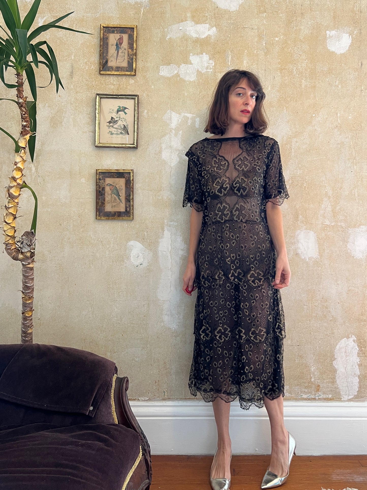 1920s Art Deco Metallic Thread Tiered Dress S/M