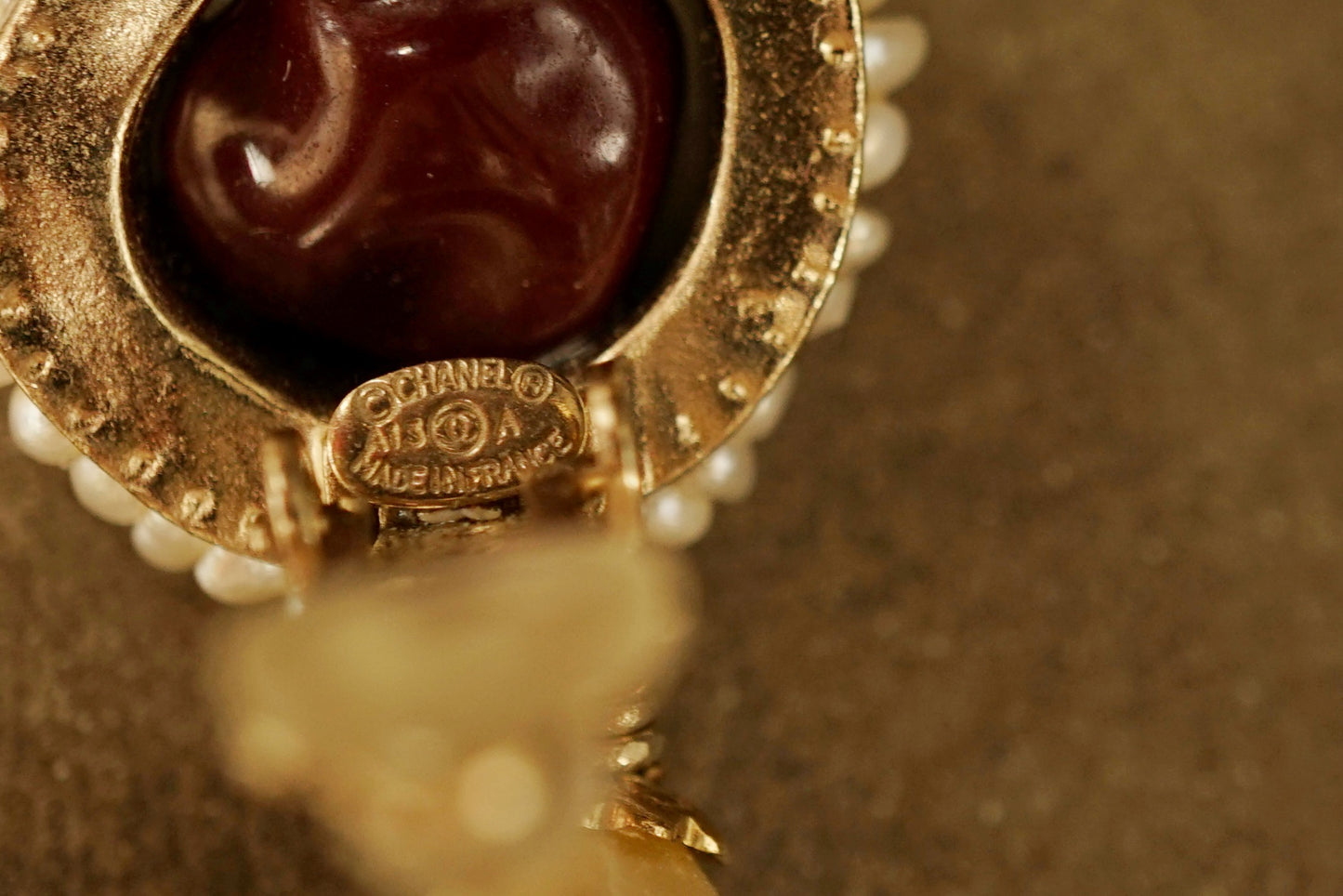 VTG Chanel Teardrop Pearl and Burgundy Stone Clip-On Earrings