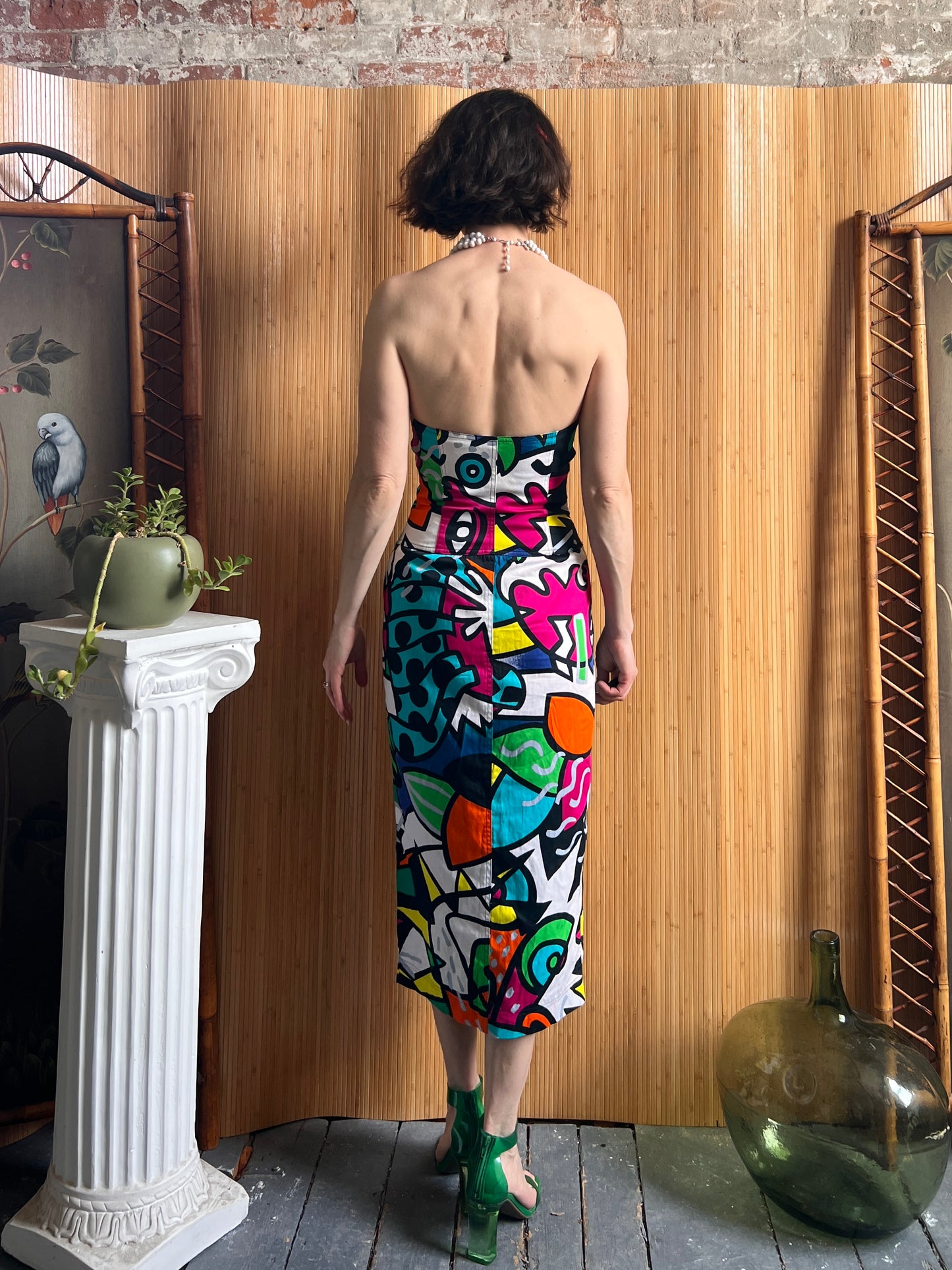 1980s Enrico Coveri Pop Art Print Corset Dress XS/S
