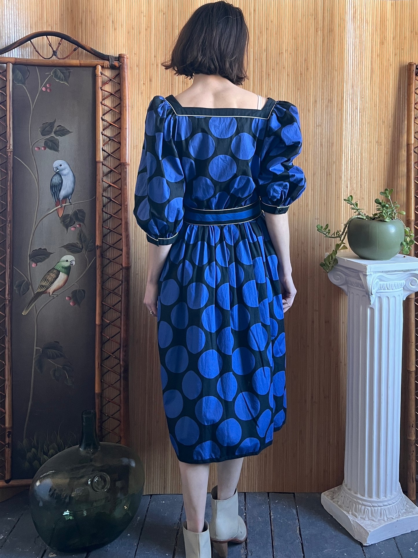 1980s Louis Feraud Puff Sleeve Cotton Dress S/M