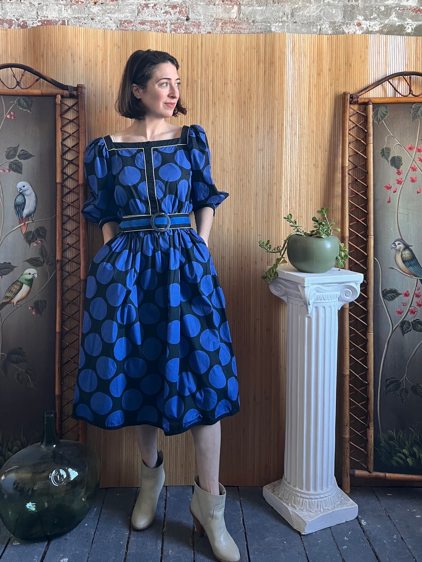 1980s Louis Feraud Puff Sleeve Cotton Dress S/M