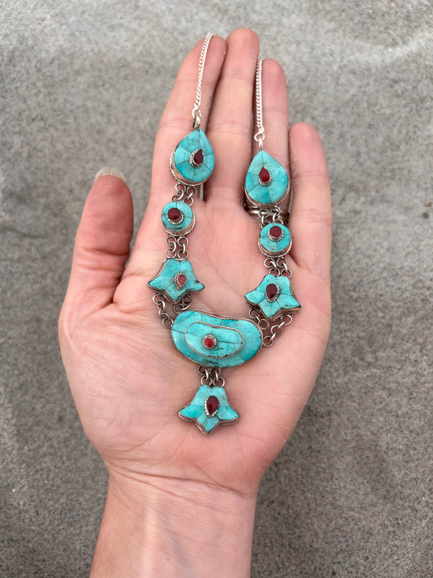 VTG Turquoise and Carnelian Tibetan Sterling Necklace