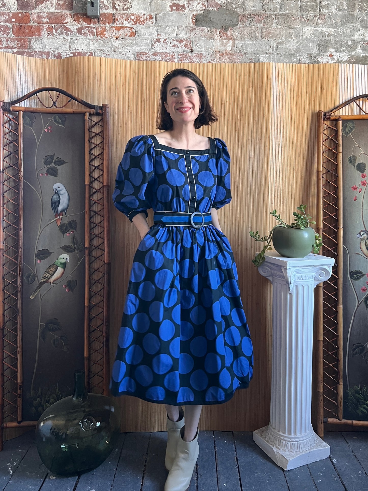 1980s Louis Feraud Puff Sleeve Cotton Dress S/M