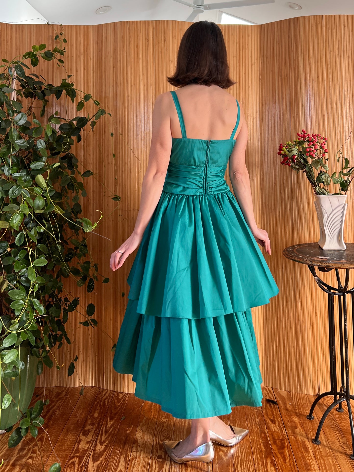 1970s Lilli Diamond Taffeta Rhinestone Party Dress S/M