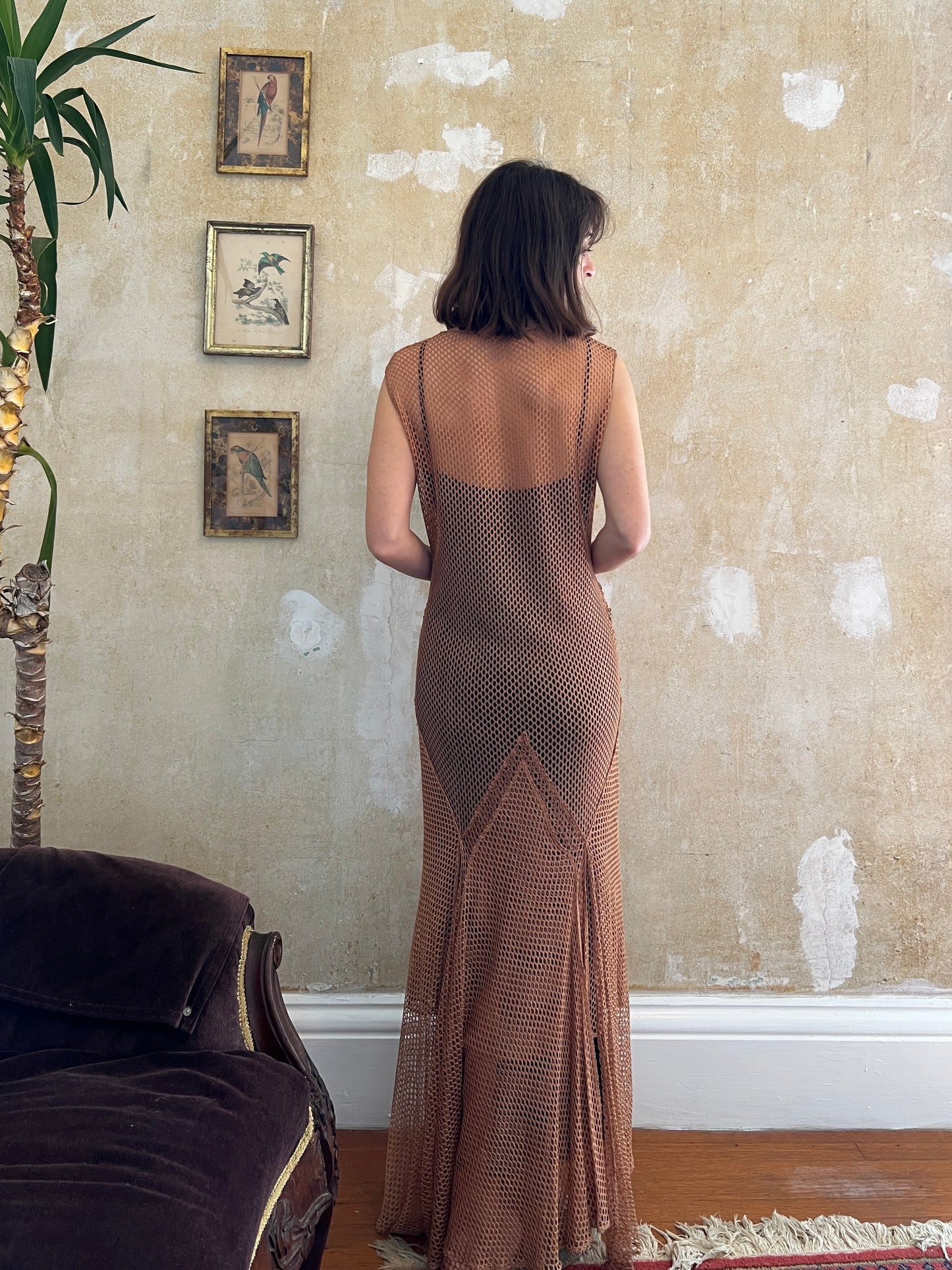 1930s Deco Shimmery Fishnet Gown M