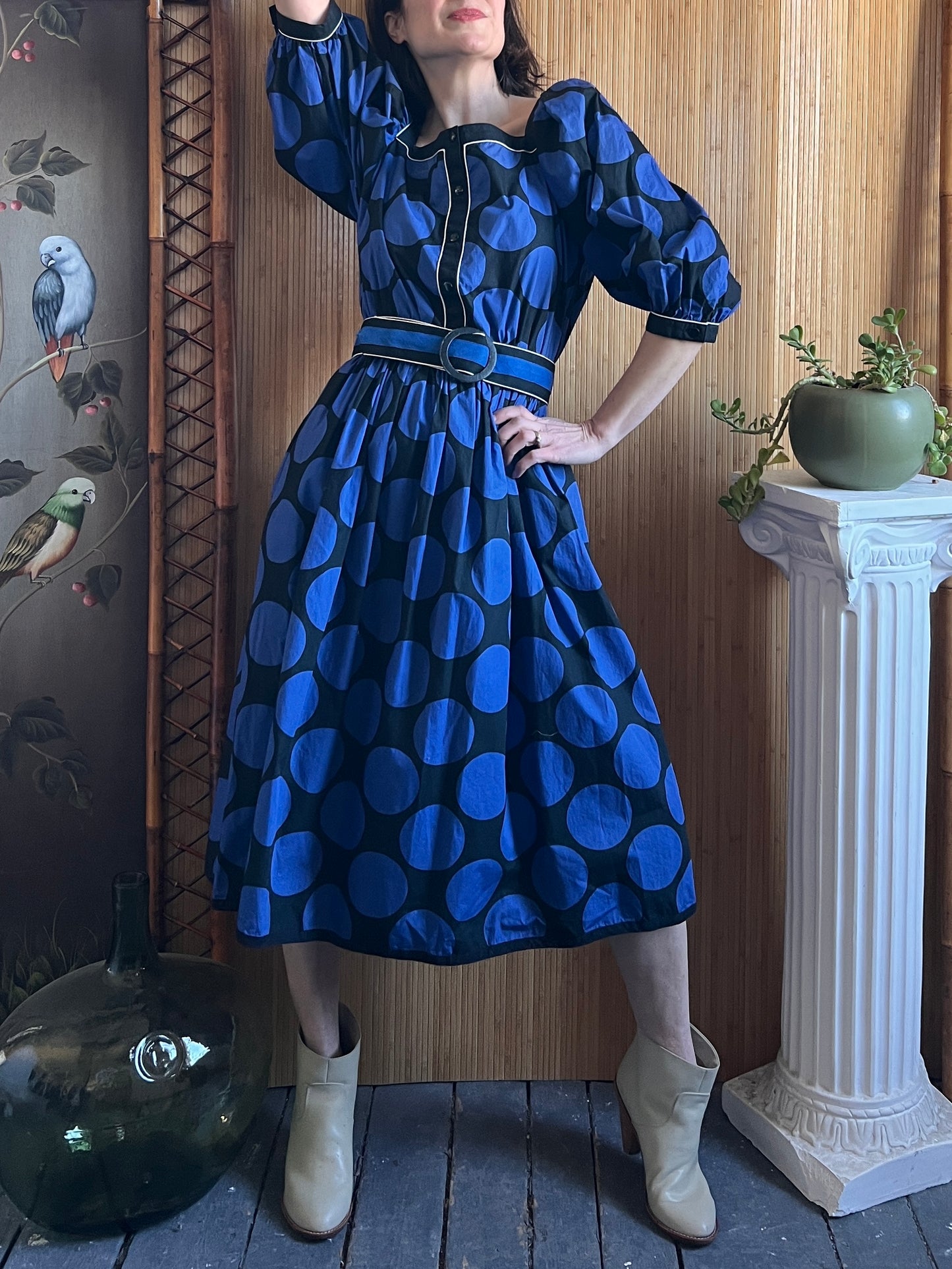 1980s Louis Feraud Puff Sleeve Cotton Dress S/M