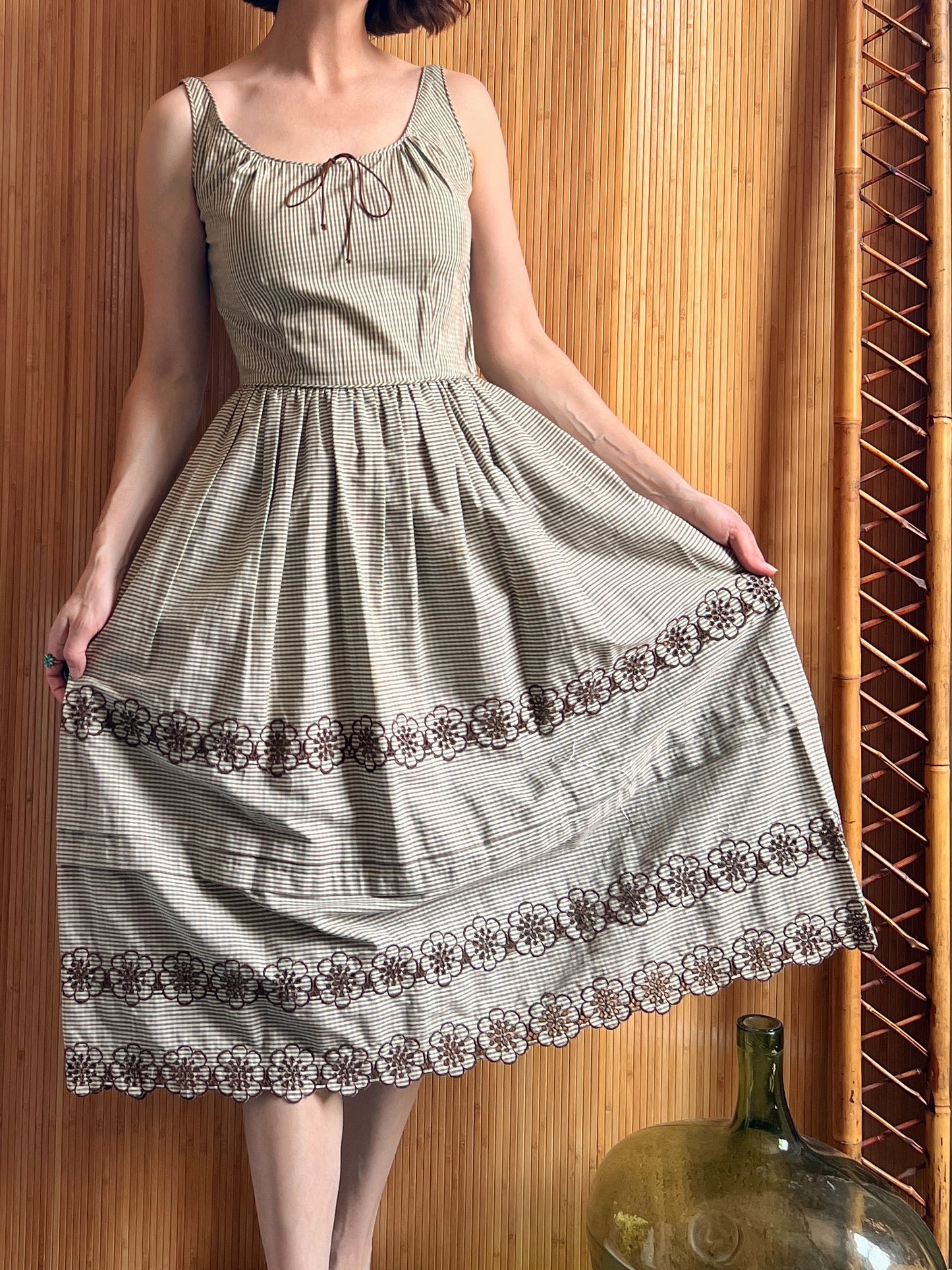 Late 1940s Tina Leser Brown Gingham Summer Dress