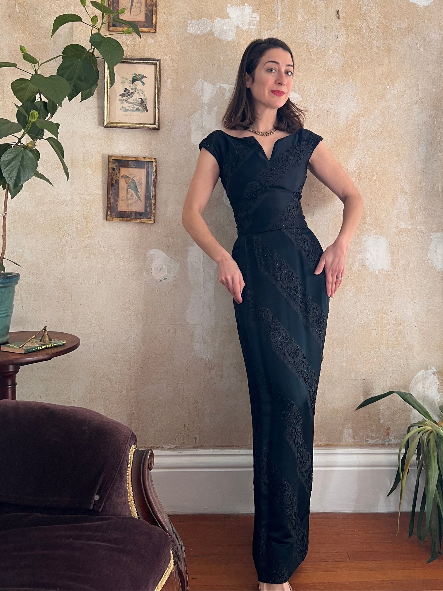 1960s Couture Silk Beaded Column Gown XS/S