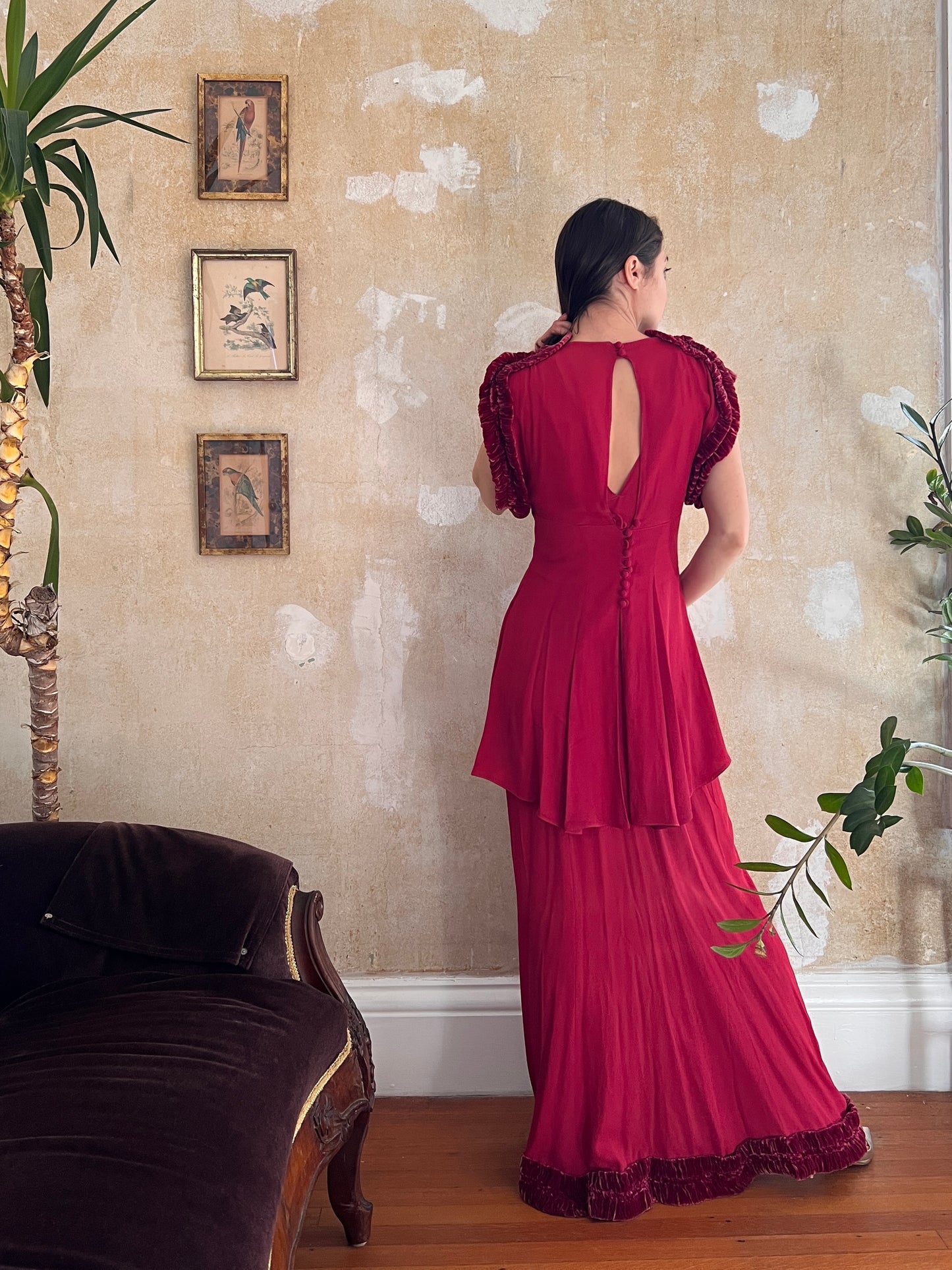 1930s Cranberry Crepe Gown and Tunic Set with Velvet Trim S/M