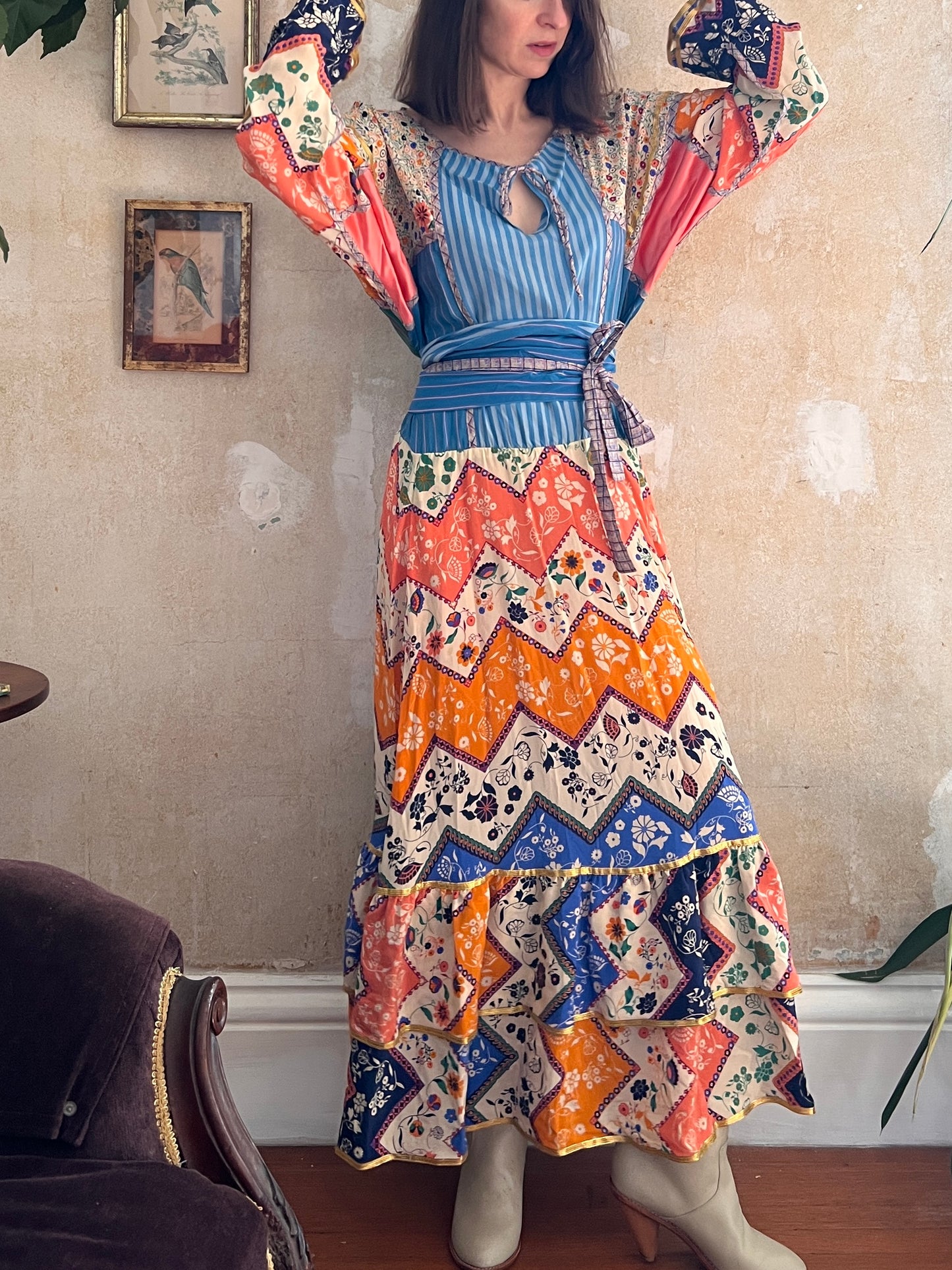 1980s Koos Van Den Akker 100% Silk Multicolor Collage Dress M/L