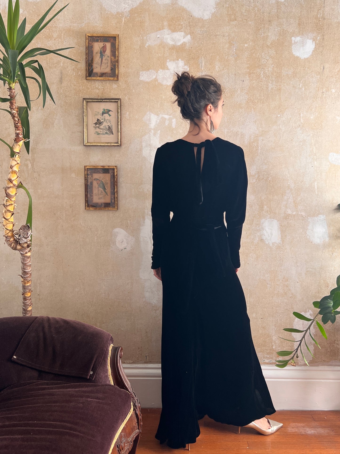 1930s Midnight Black Silk Velvet Bias Cut Gown S/M