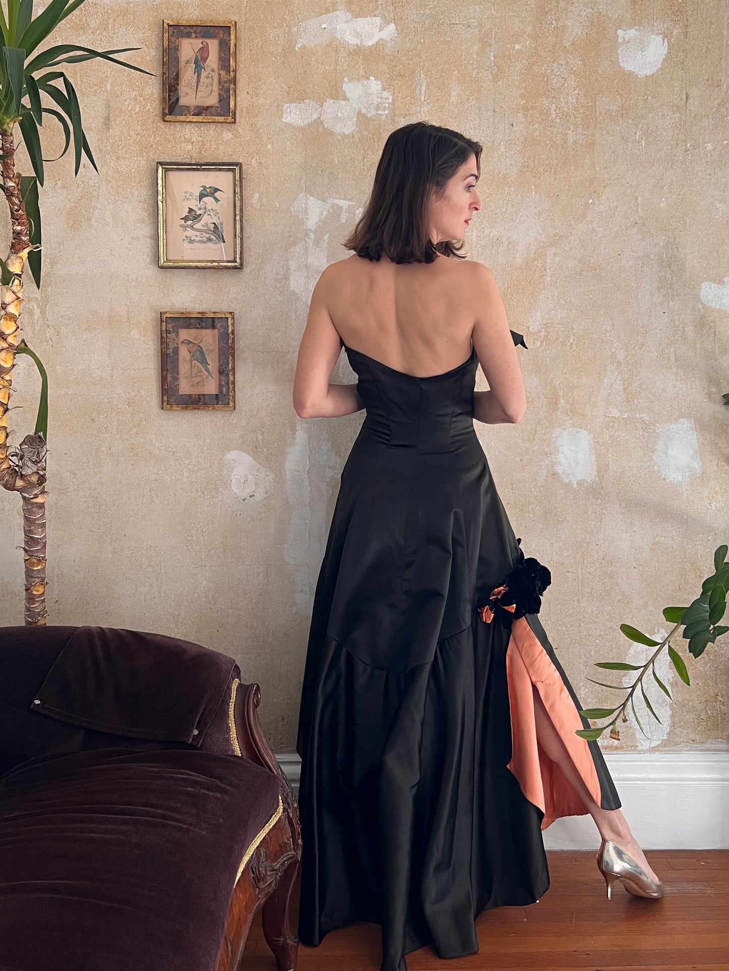 1940s Old Hollywood Satin Gown w/ Salmon Pink Lining S
