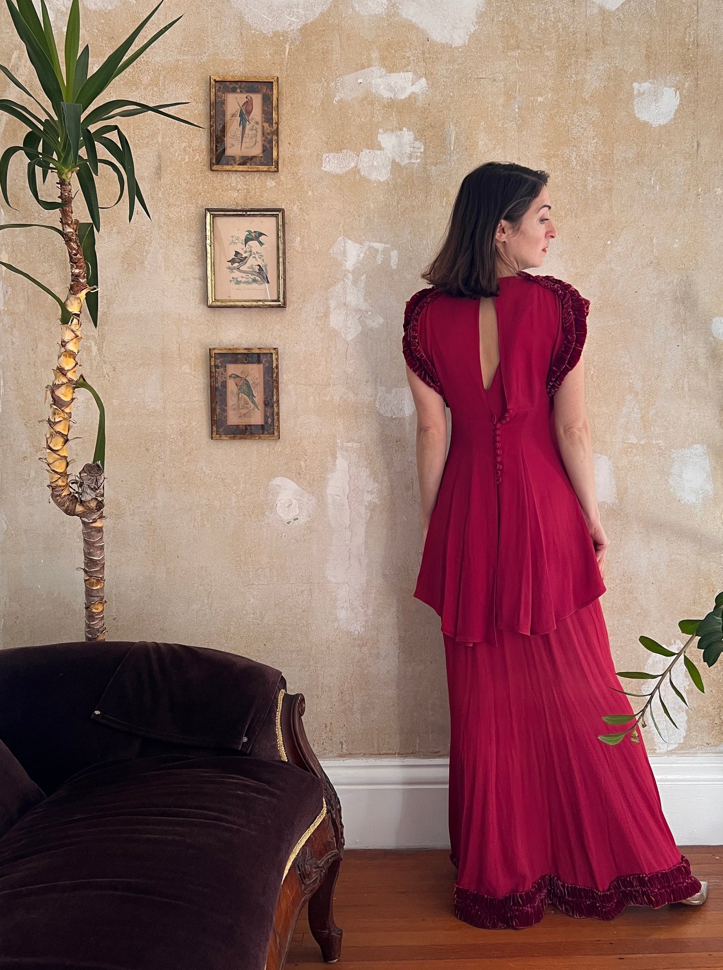 1930s Cranberry Crepe Gown and Tunic Set with Velvet Trim S/M