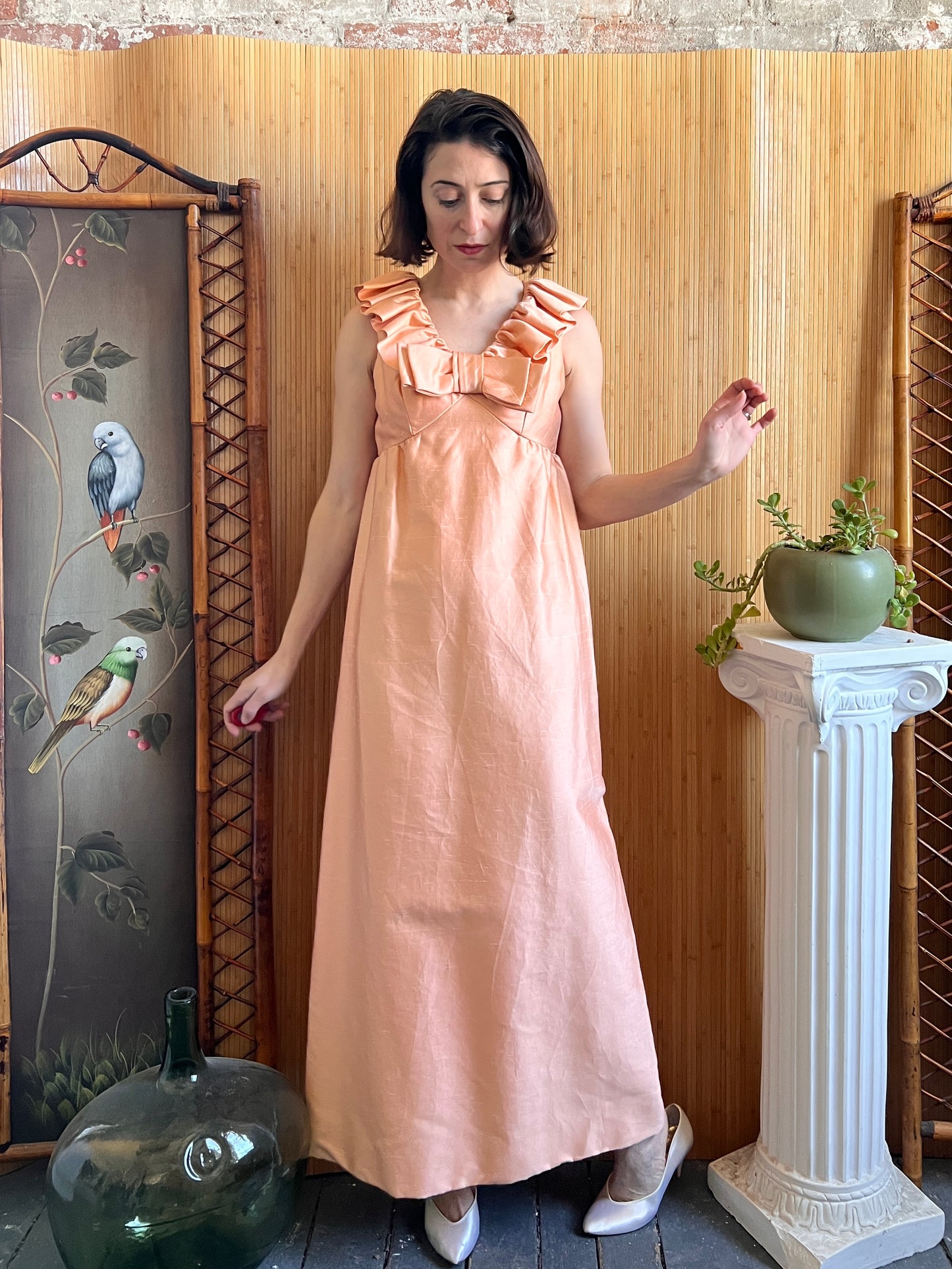 1960s Dupioni Silk Column Dress w Ruffle Neck & Bow XS