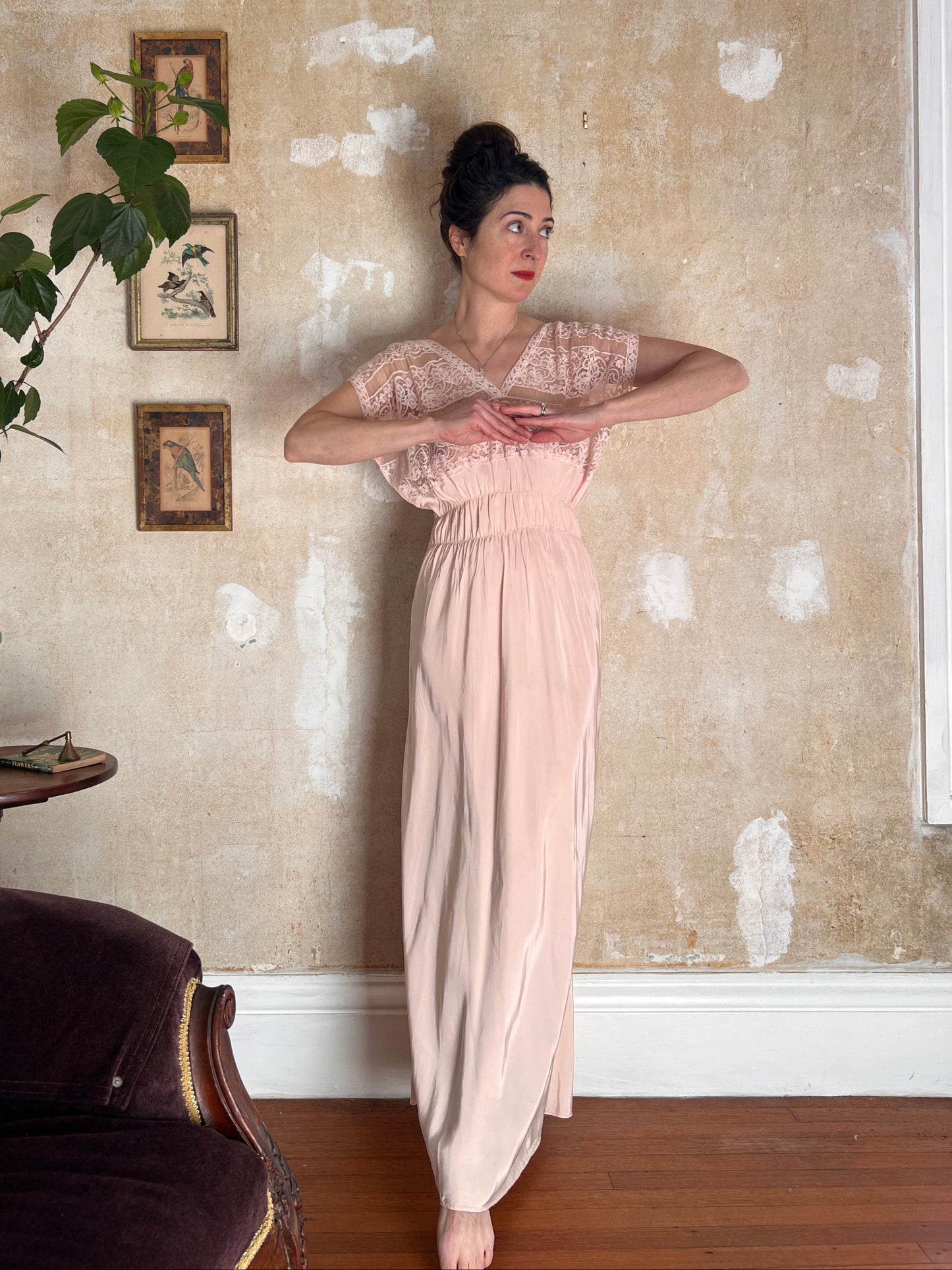 1940s Pink Rayon & Lace Grecian Bias Cut Gown S/M