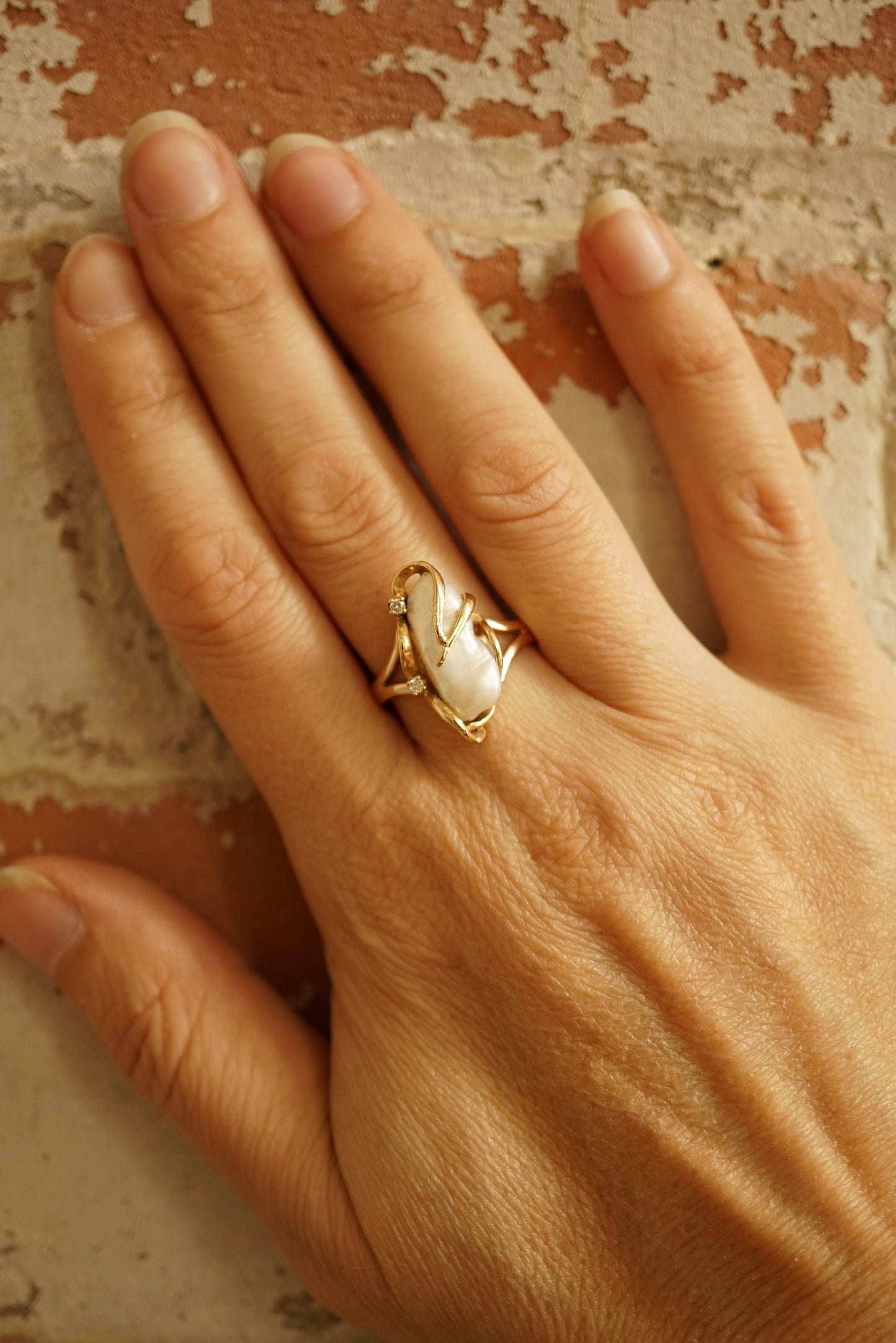 Vintage 14K Baroque Pearl and Diamond Ring