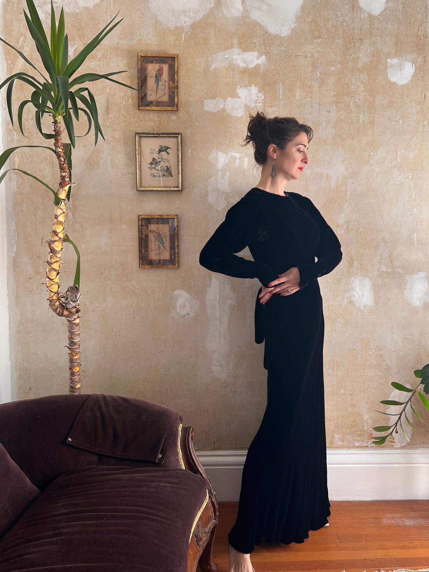 1930s Midnight Black Silk Velvet Bias Cut Gown S/M