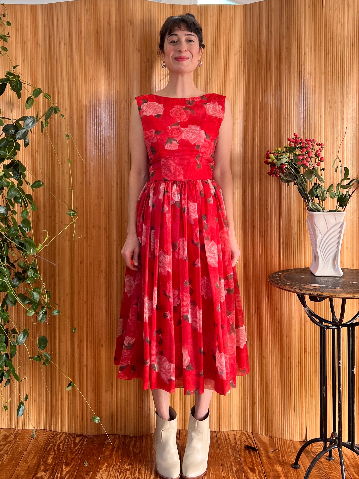 1950s Silk Rose Chiffon Fit n Flare Dress S