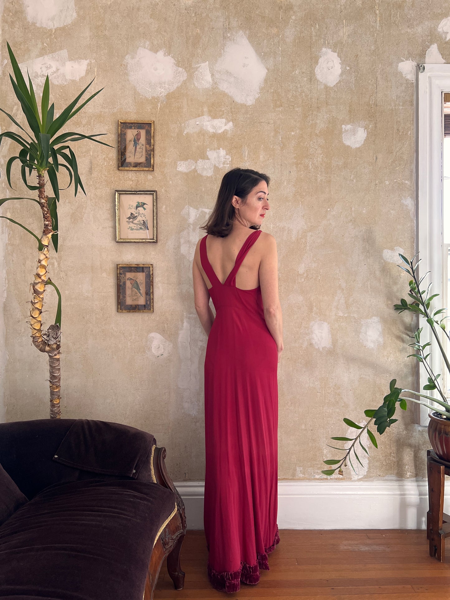 1930s Cranberry Crepe Gown and Tunic Set with Velvet Trim S/M