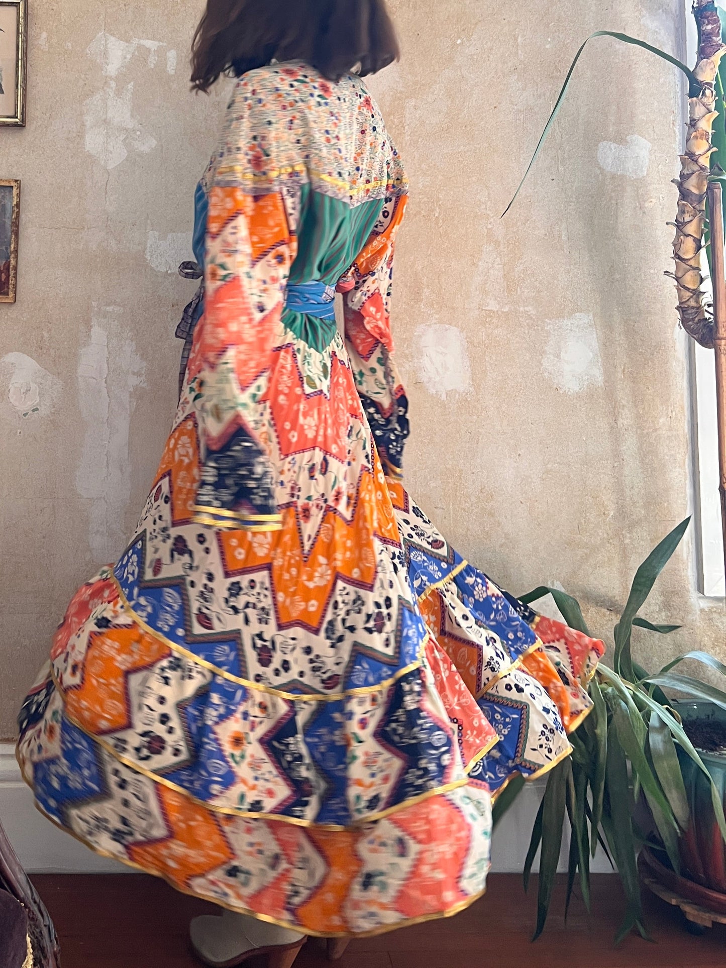 1980s Koos Van Den Akker 100% Silk Multicolor Collage Dress M/L