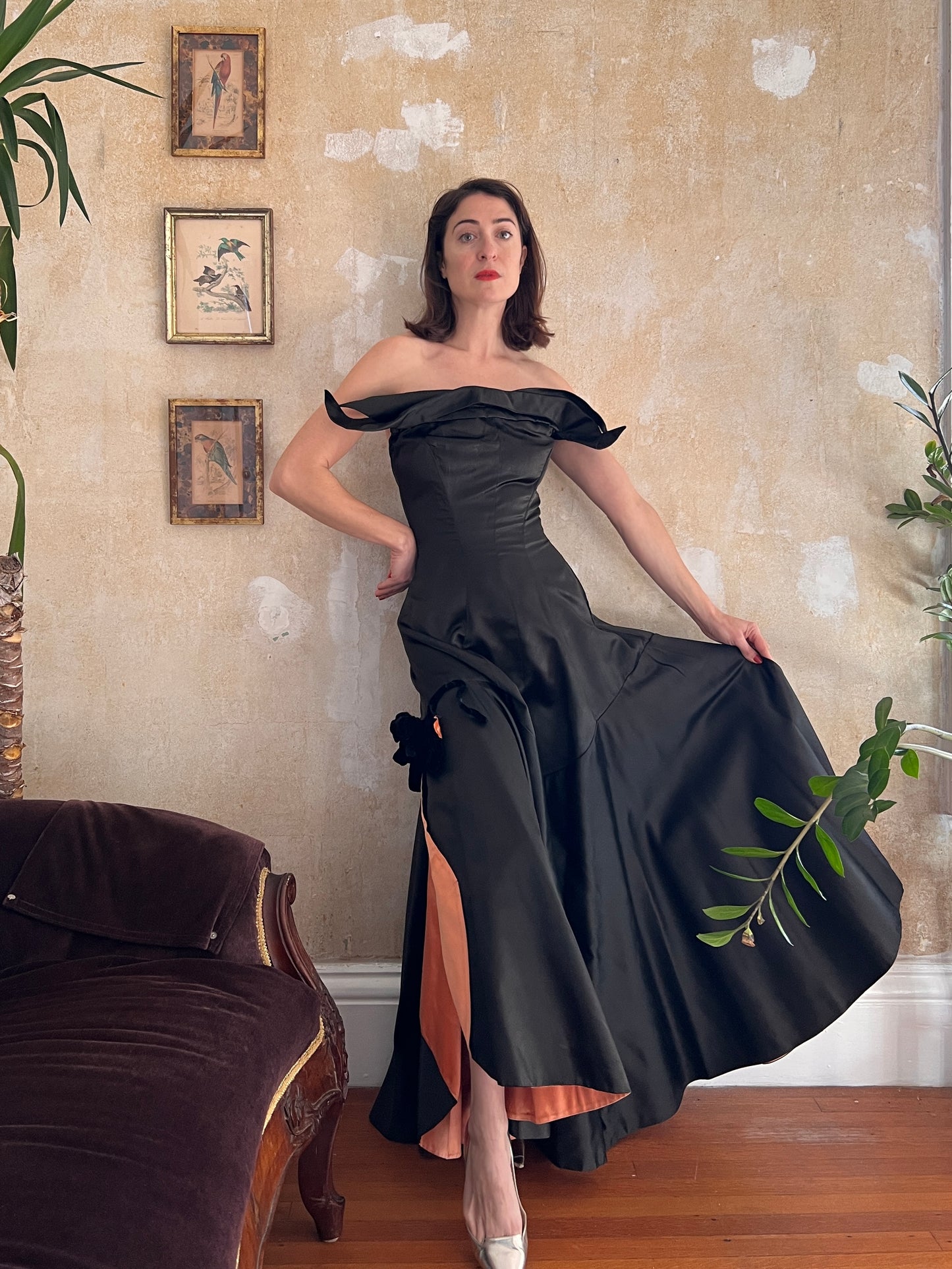 1940s Old Hollywood Satin Gown w/ Salmon Pink Lining S