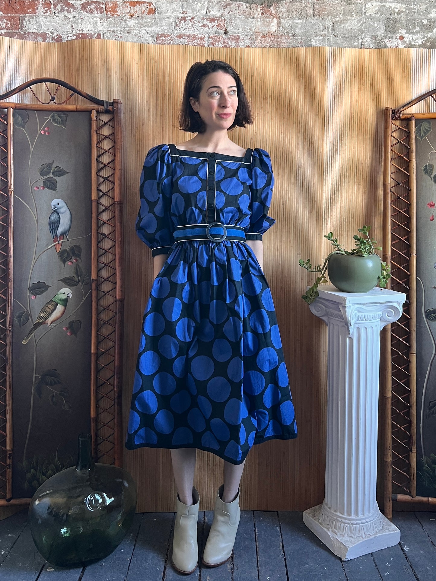 1980s Louis Feraud Puff Sleeve Cotton Dress S/M