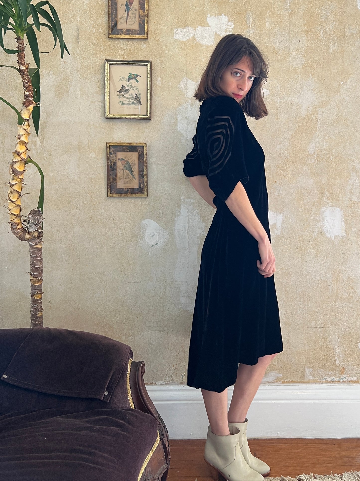 1940s Silk Velvet Bullseye Dress L