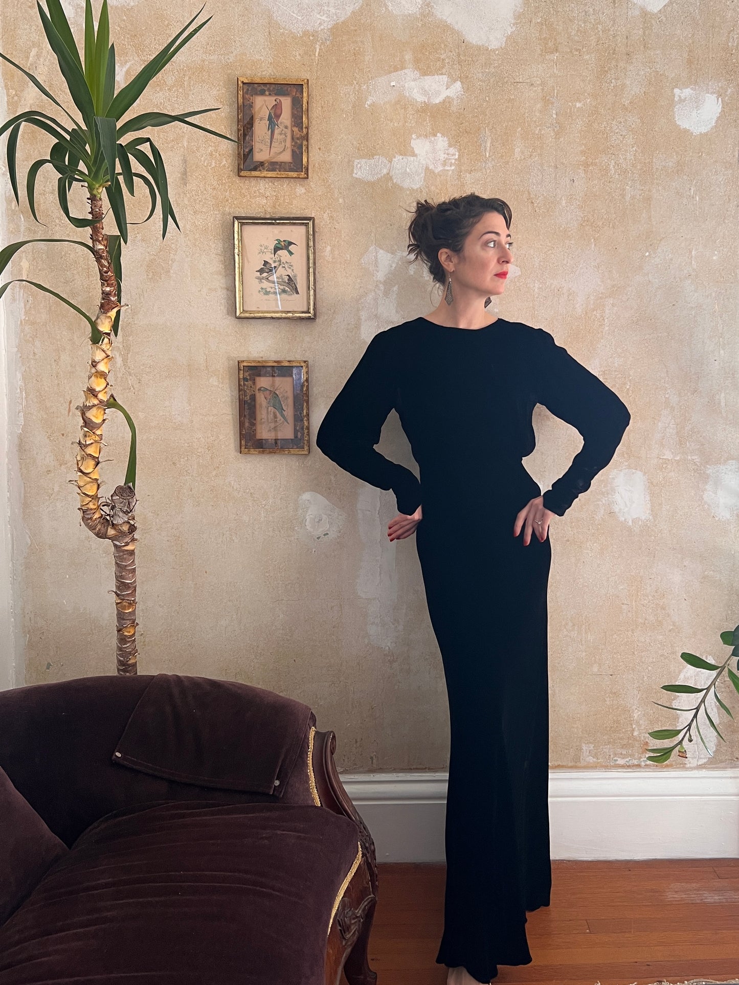 1930s Midnight Black Silk Velvet Bias Cut Gown S/M