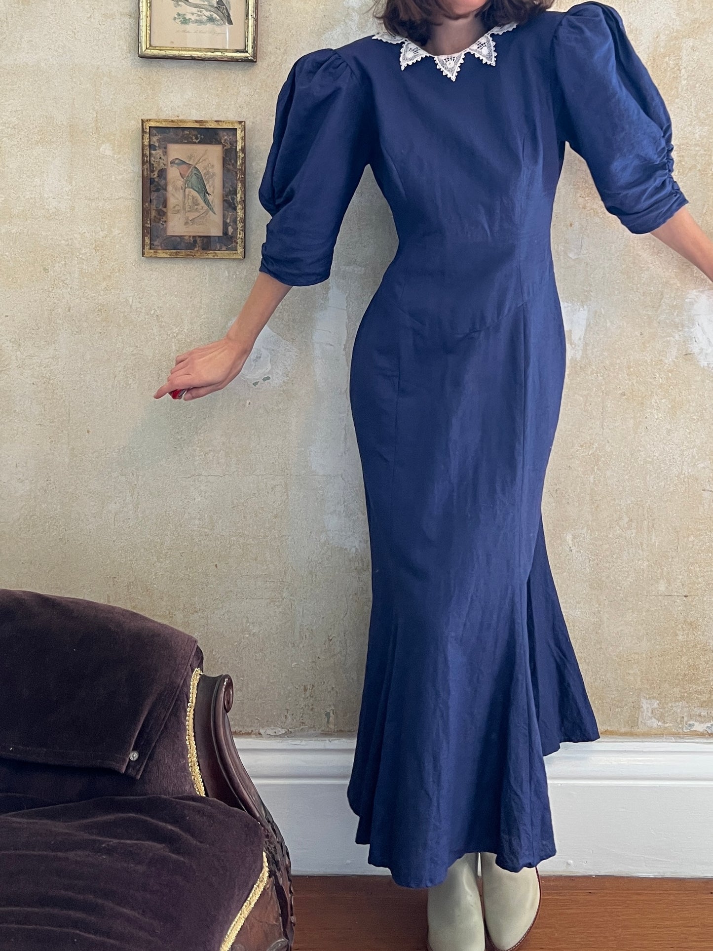 1980s Linen Cottage Maxi Dress M