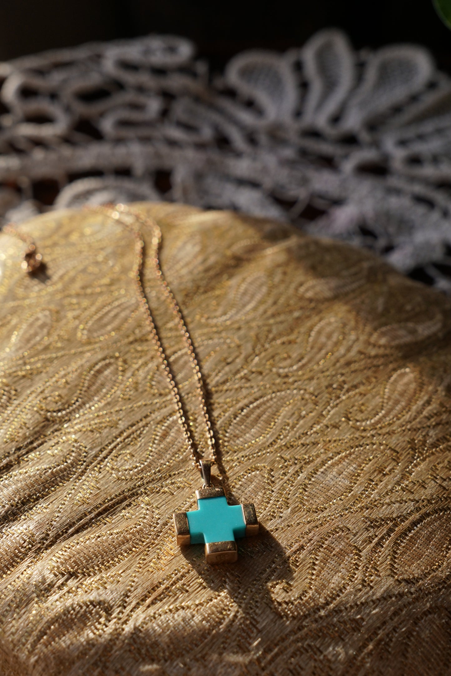 Vtg Santorini Turquoise and 14K Gold Cross Necklace