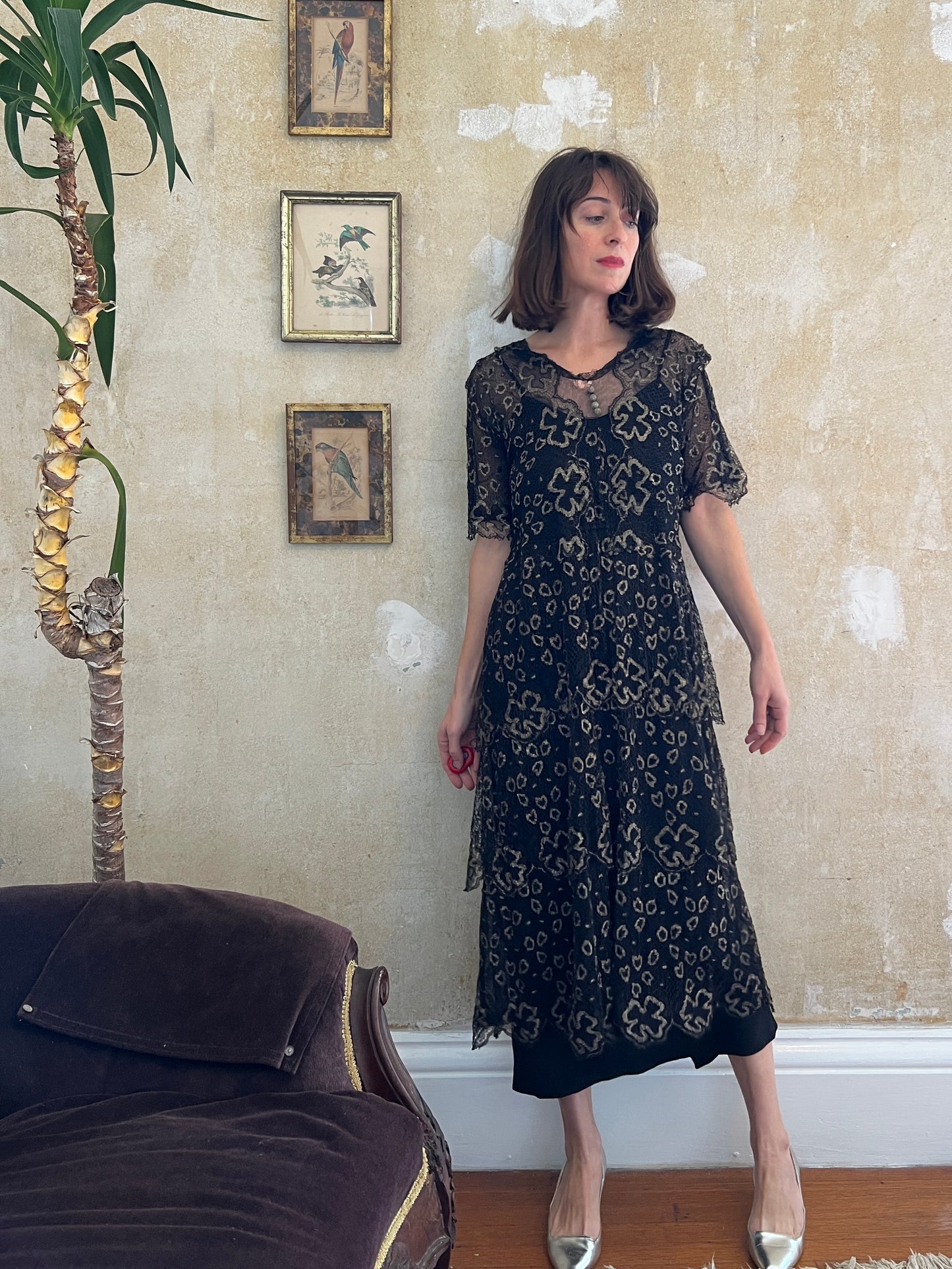 1920s Art Deco Metallic Thread Tiered Dress S/M